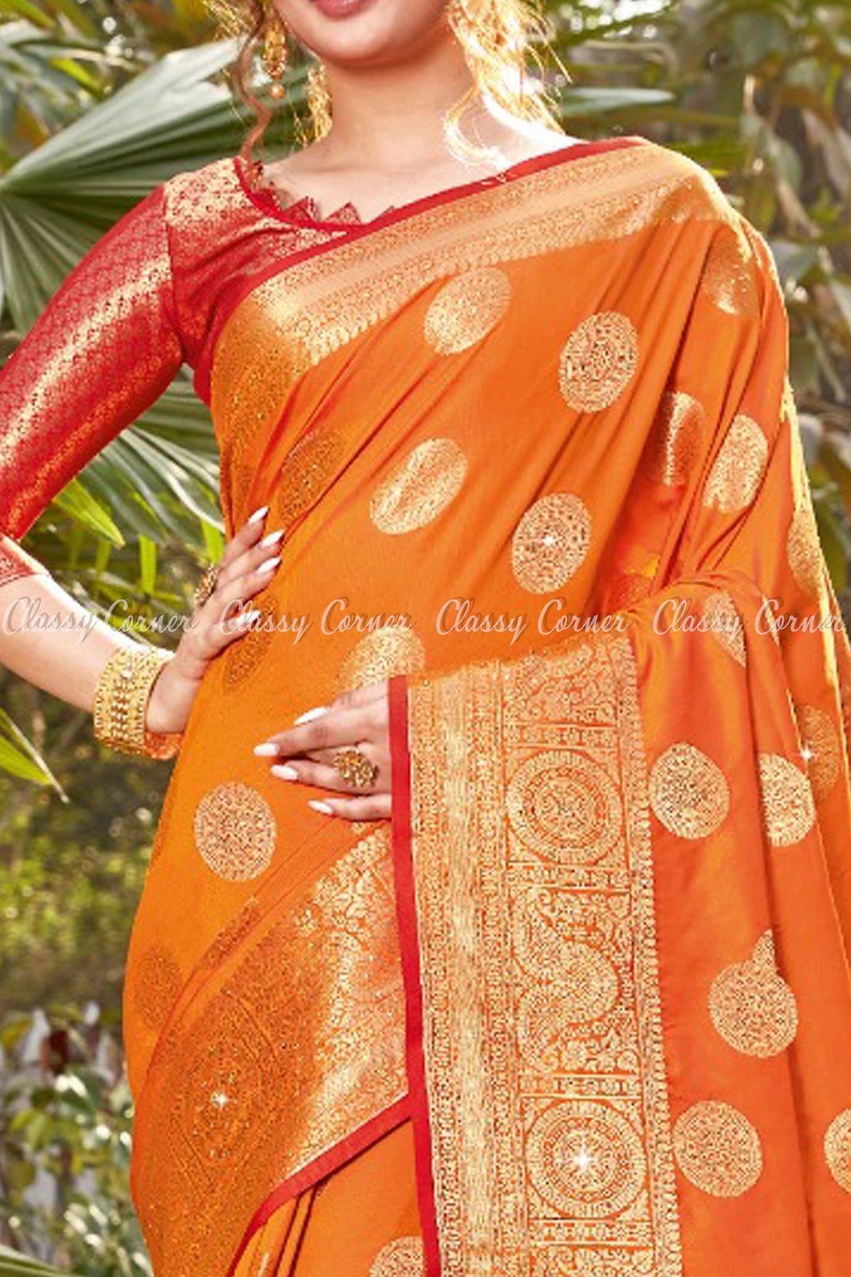 Charming Red Blouse Orange Achal with Gold Border Silk Saree - Classy Corner