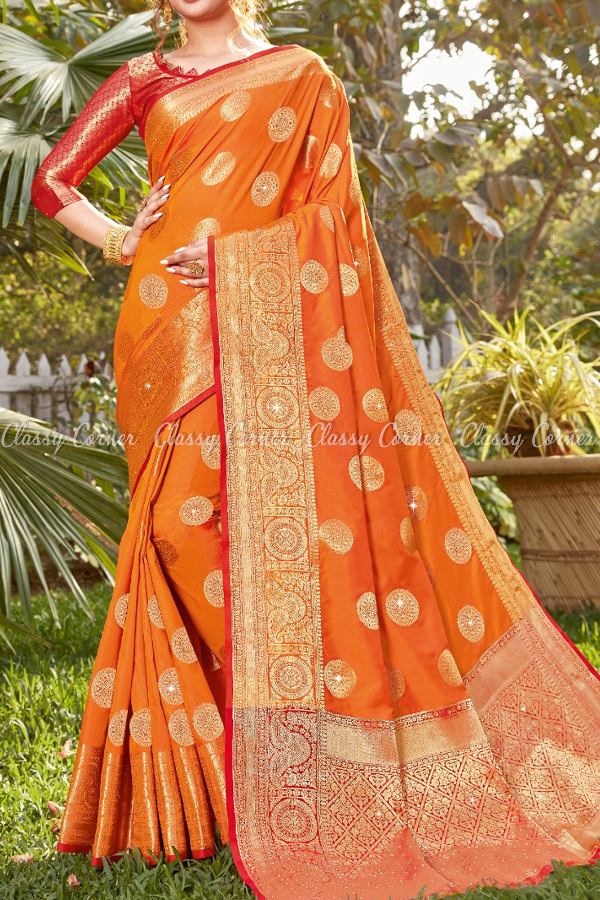 Charming Red Blouse Orange Achal with Gold Border Silk Saree - Classy Corner