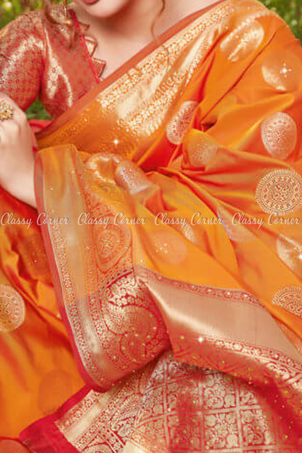 Charming Red Blouse Orange Achal with Gold Border Silk Saree - Classy Corner