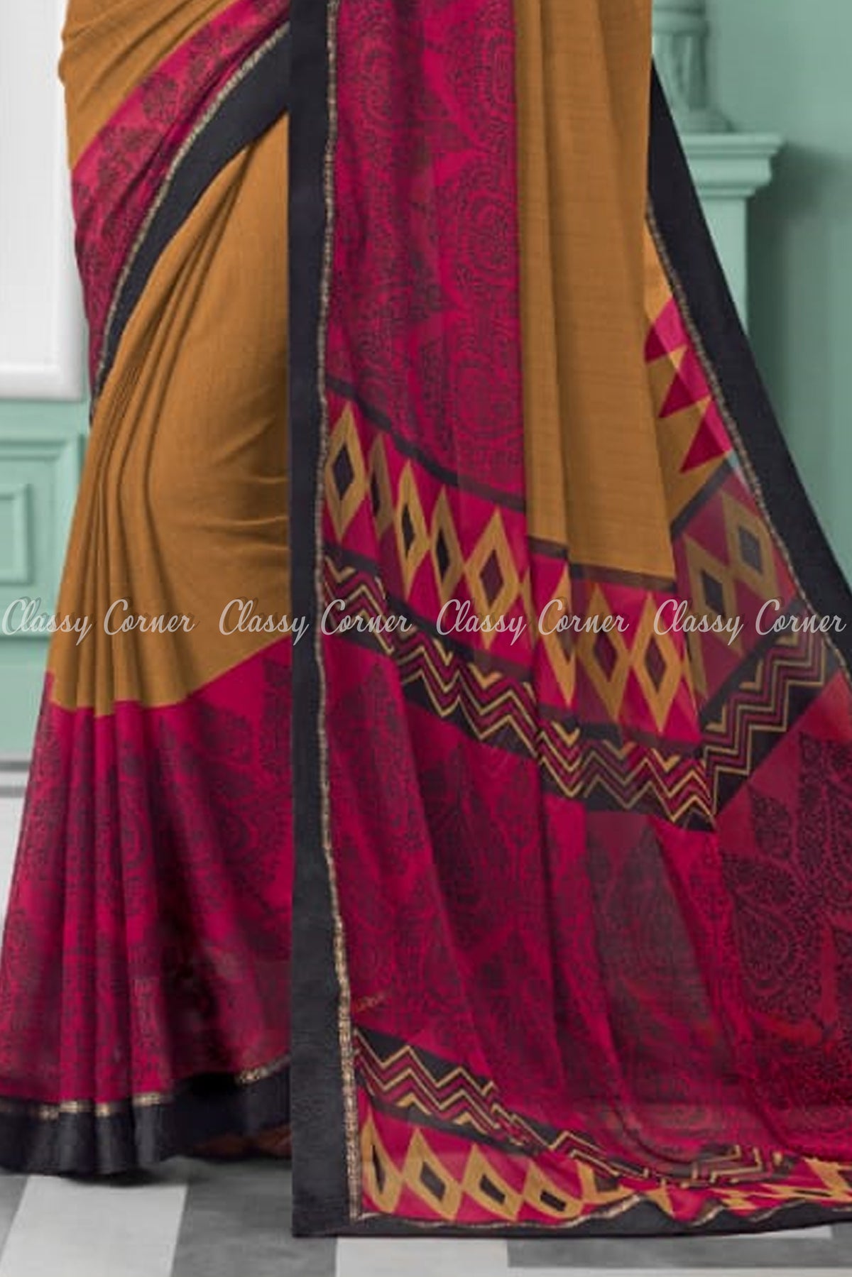 Classic Ethnic Design Chiffon Black and Brown Saree - Classy Corner