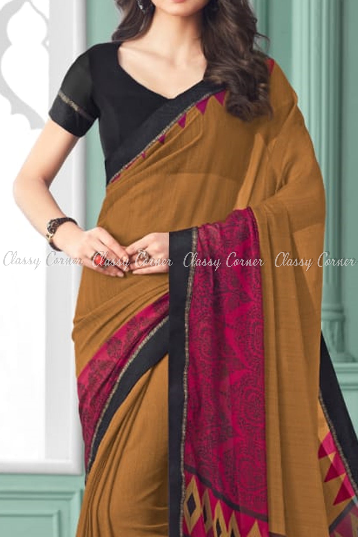 Classic Ethnic Design Chiffon Black and Brown Saree - Classy Corner