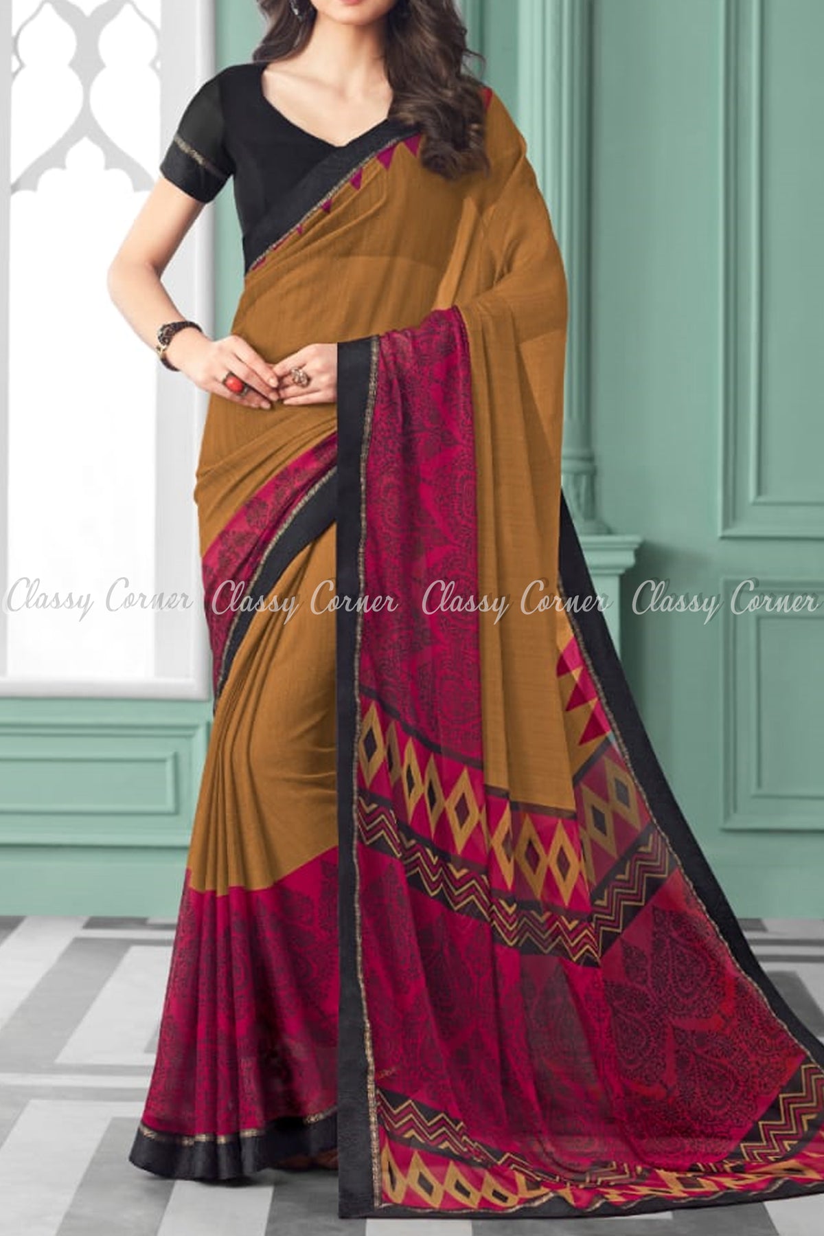 Classic Ethnic Design Chiffon Black and Brown Saree - Classy Corner