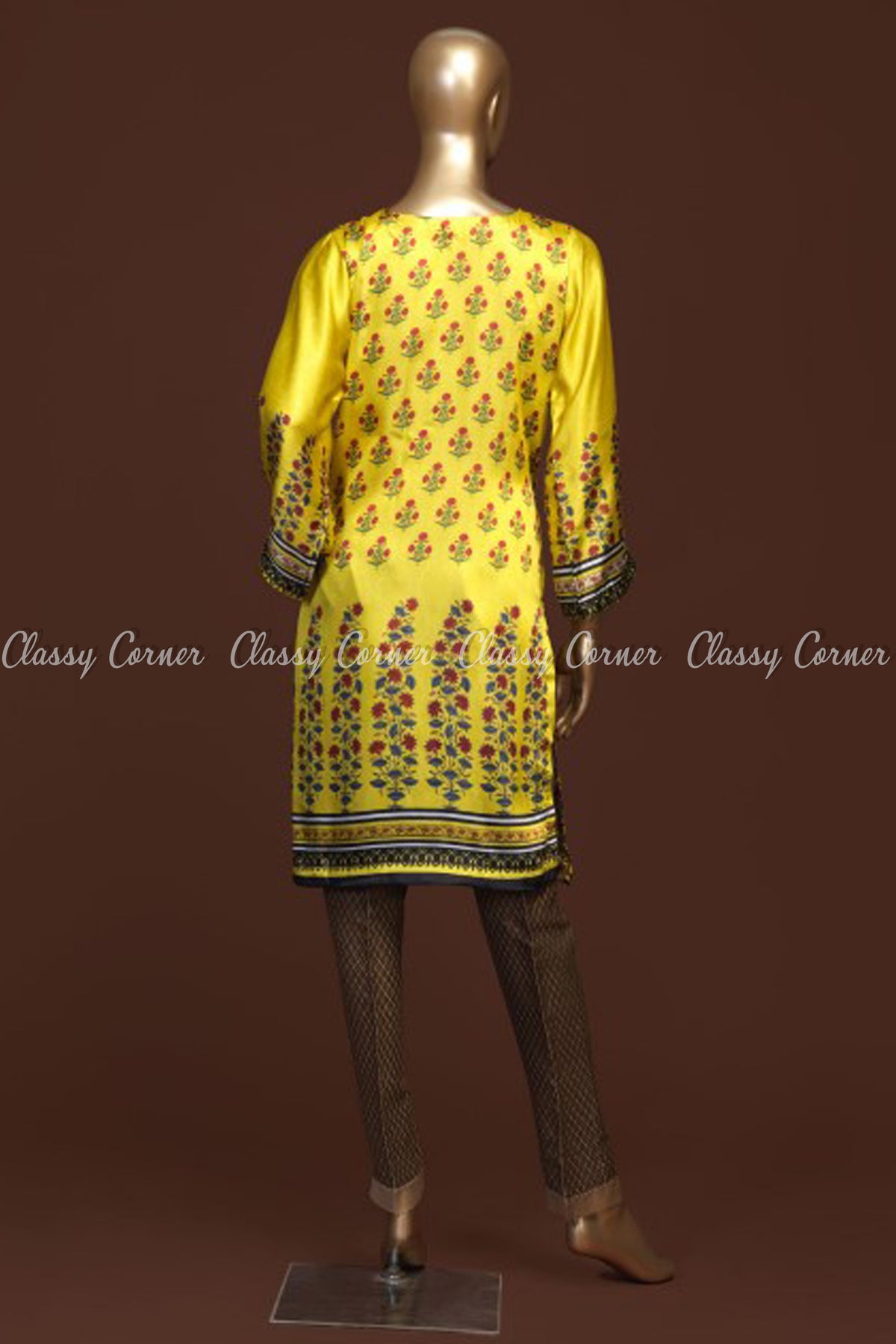 Classic Floral Design Yellow and Black Silk Kurti - Classy Corner