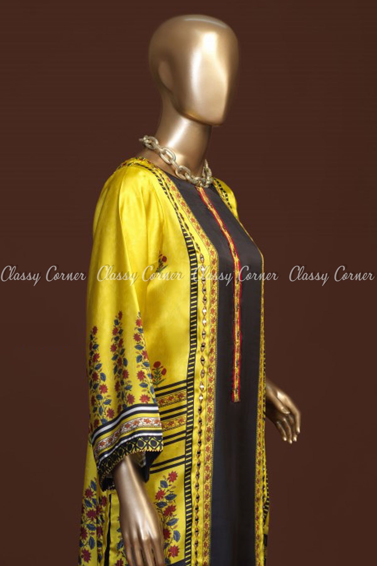 Classic Floral Design Yellow and Black Silk Kurti - Classy Corner