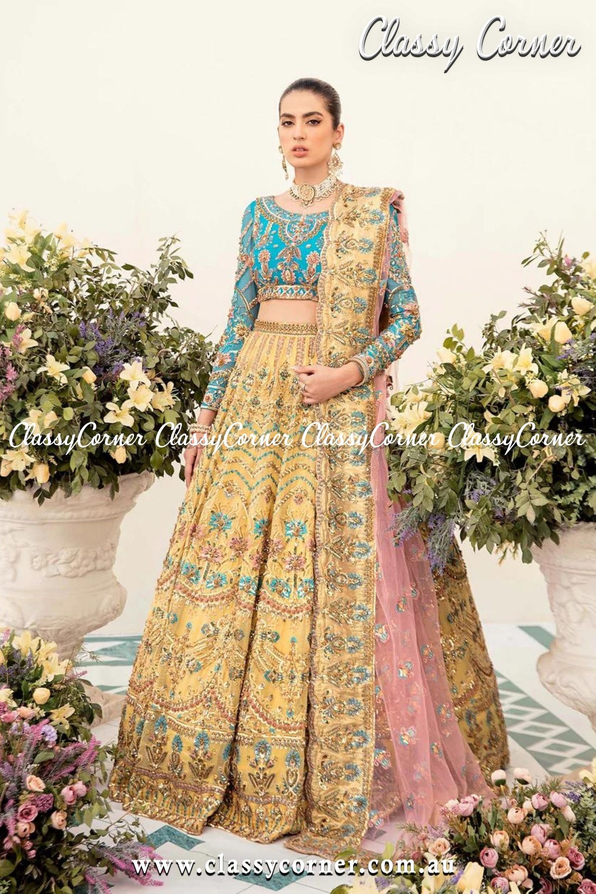 Blue Yellow Wedding Lehenga - Classy Corner