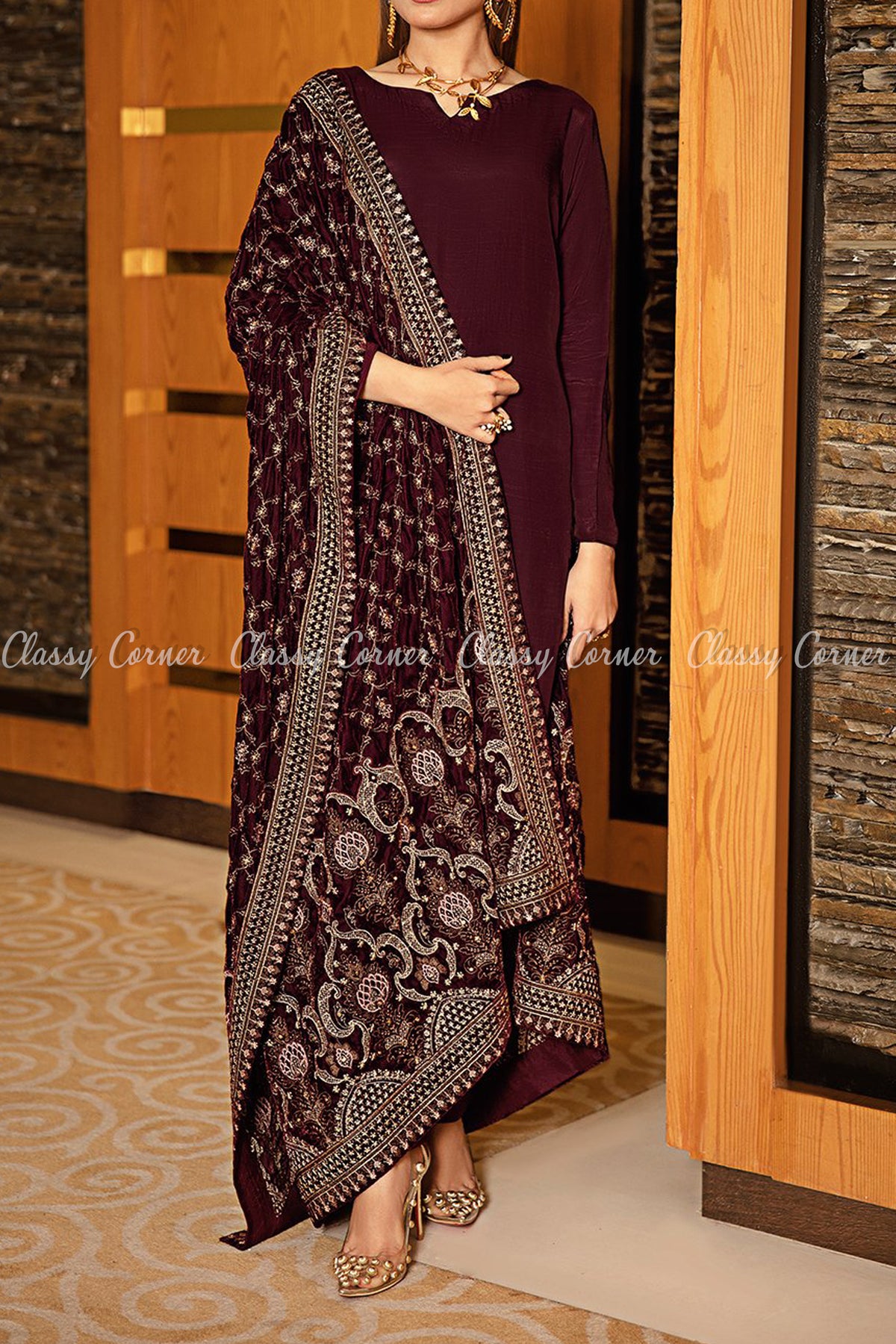 Mahogany Red Velvet Shawl Pakistani Formal Salwar Kameez - Classy Corner