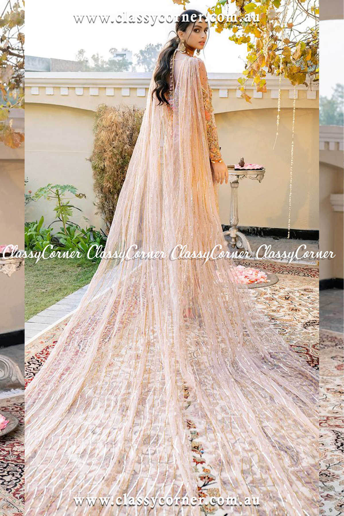 Coral Peachy Split Sharara Dupatta - Classy Corner