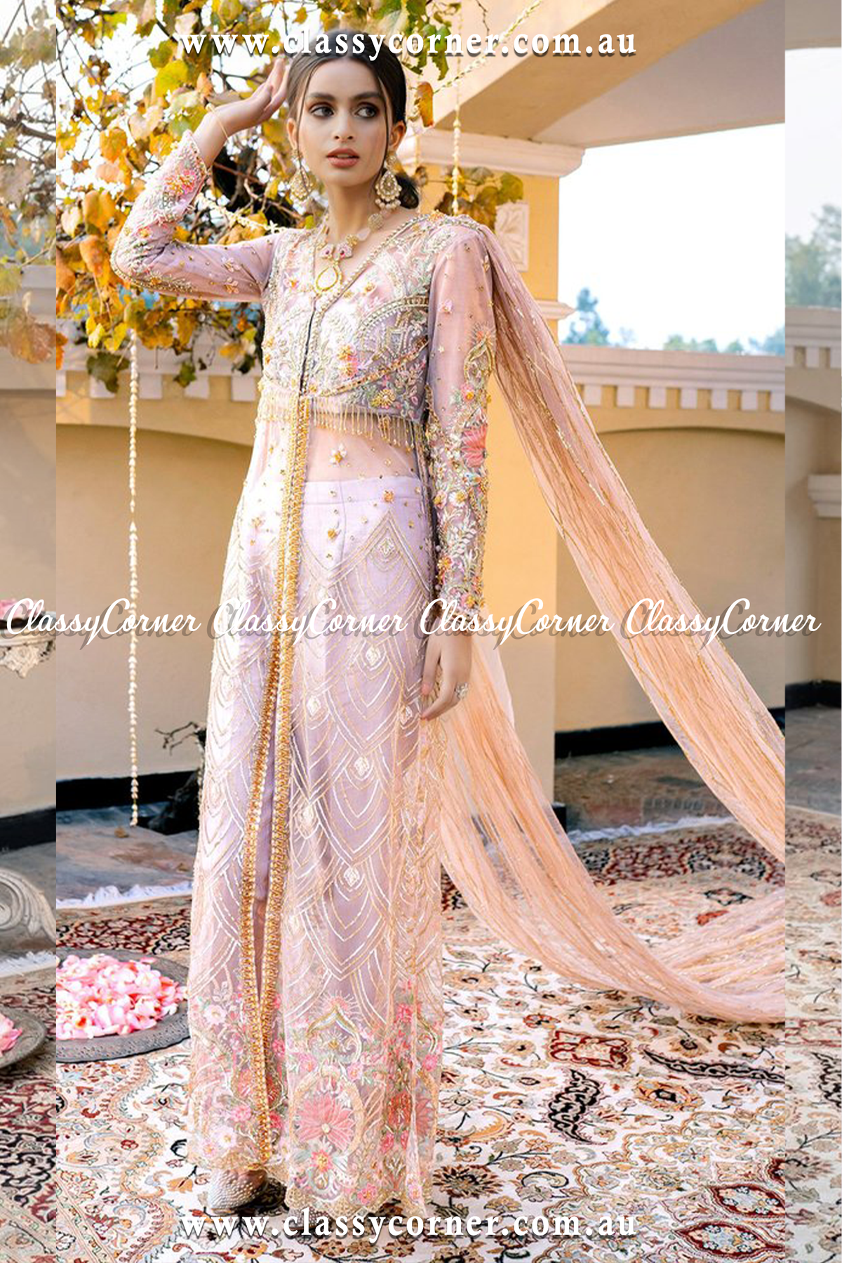 Coral Peachy Split Sharara Dupatta - Classy Corner