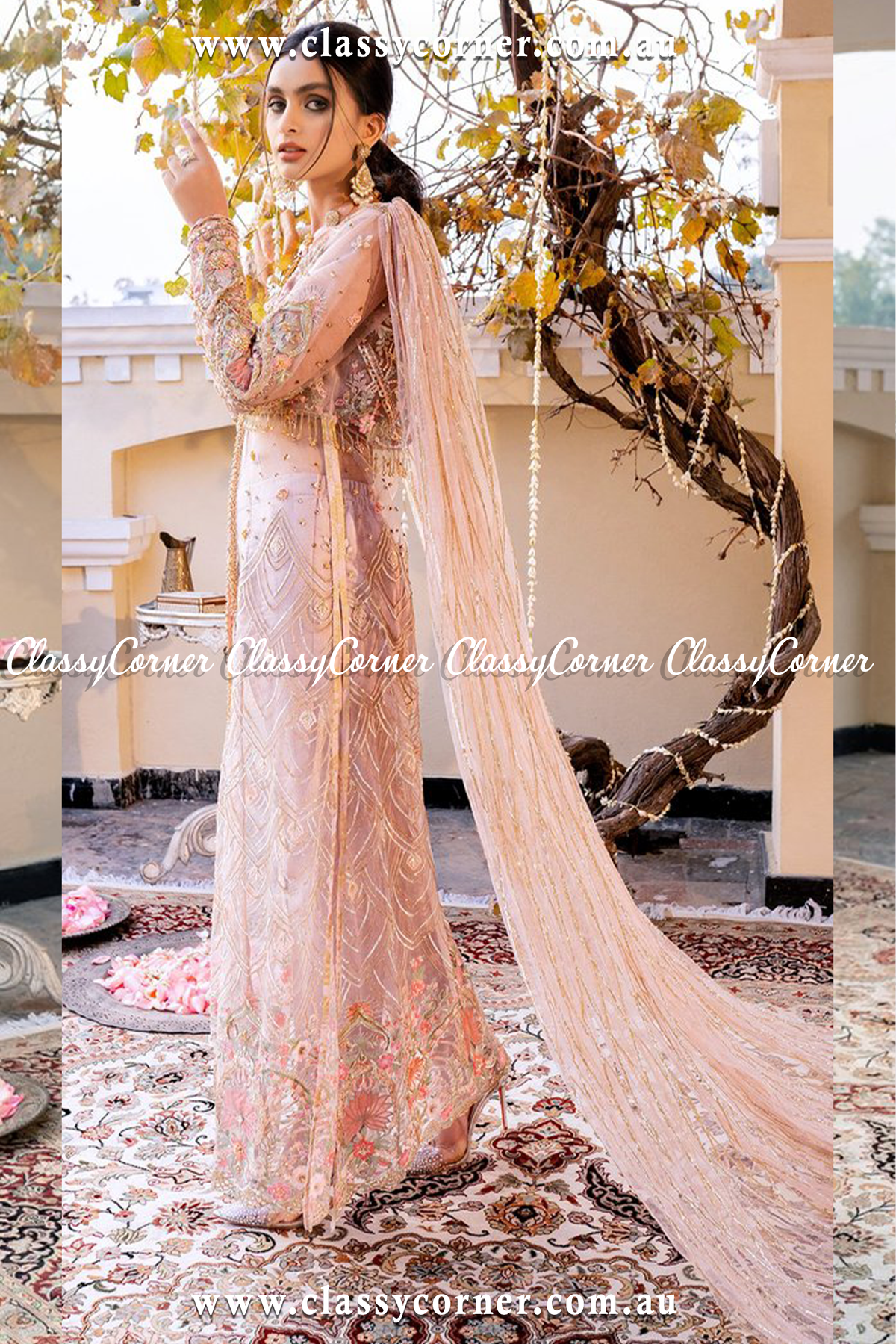 Coral Peachy Split Sharara Dupatta - Classy Corner