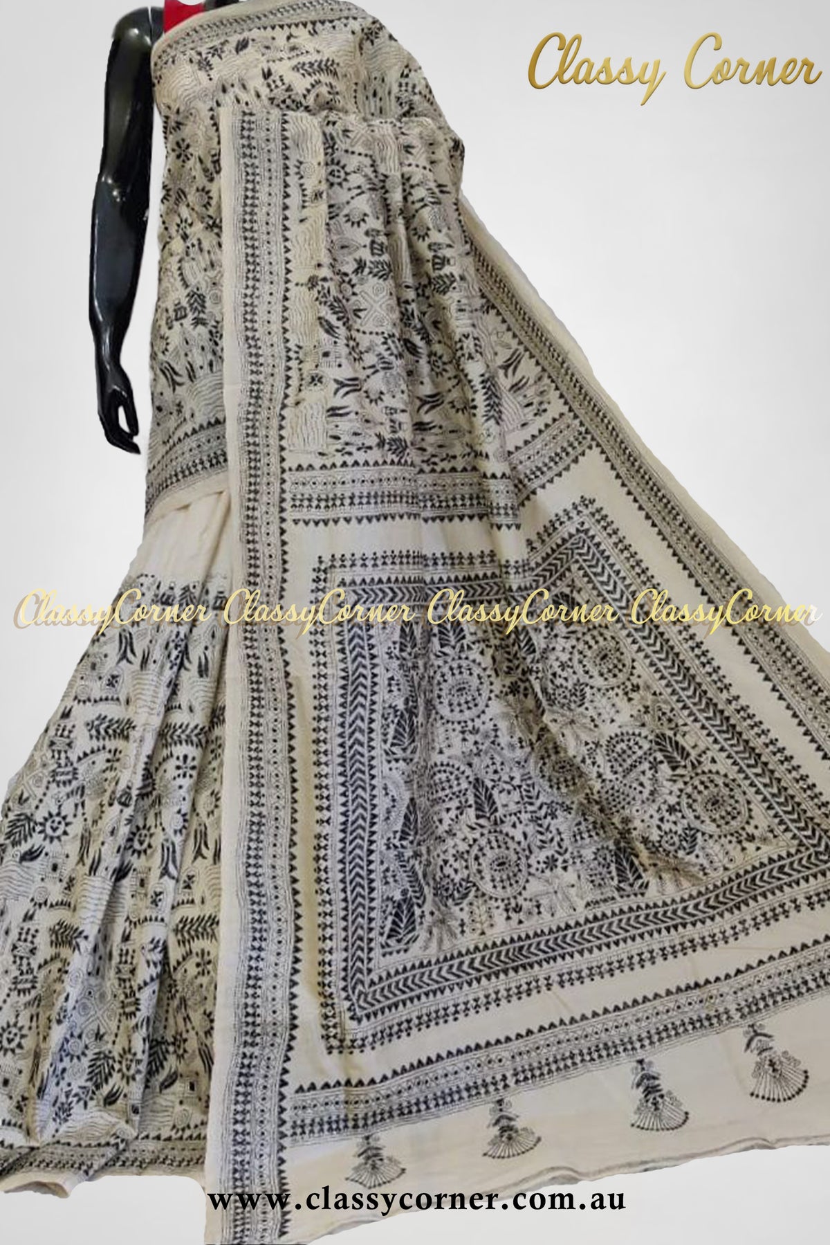 Cream Black Pure Silk Kantha Stitch Saree - Classy Corner