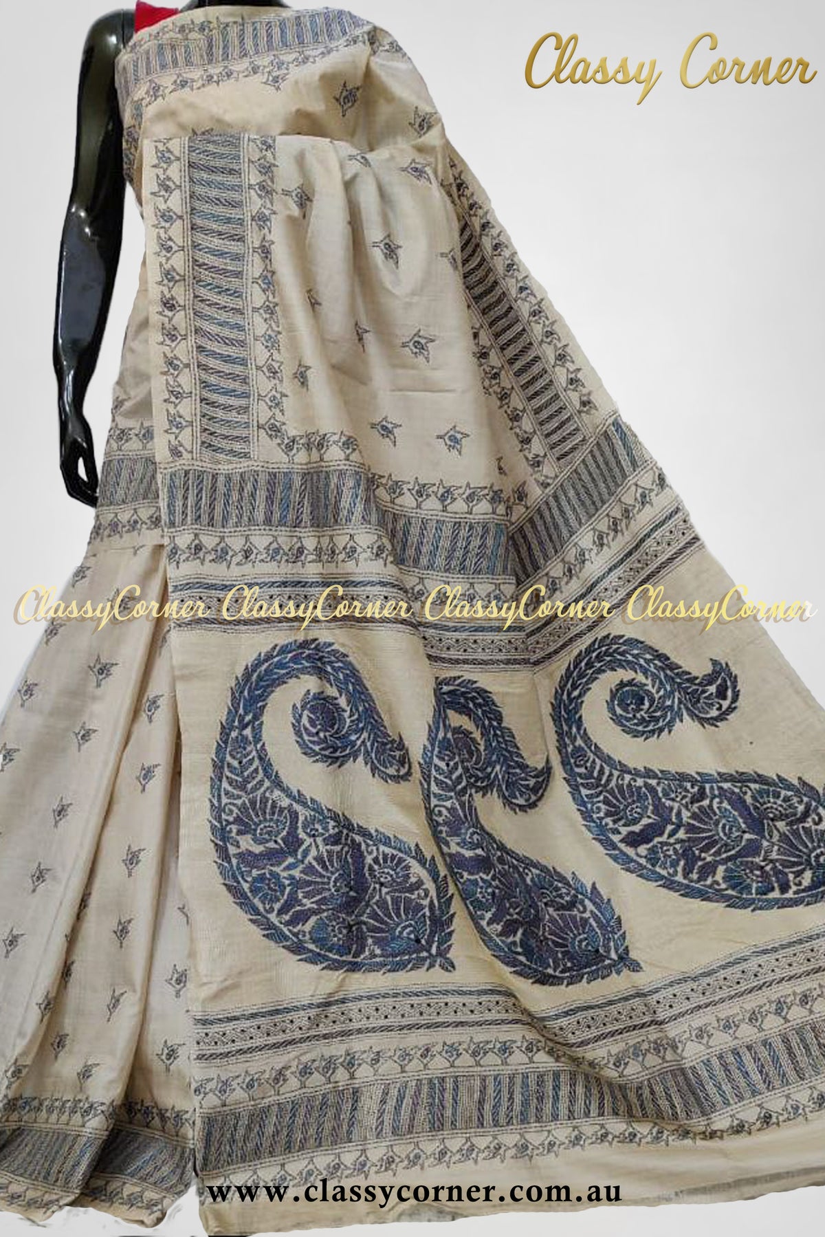 Cream Blue Pure Silk Kantha Stitch Saree - Classy Corner