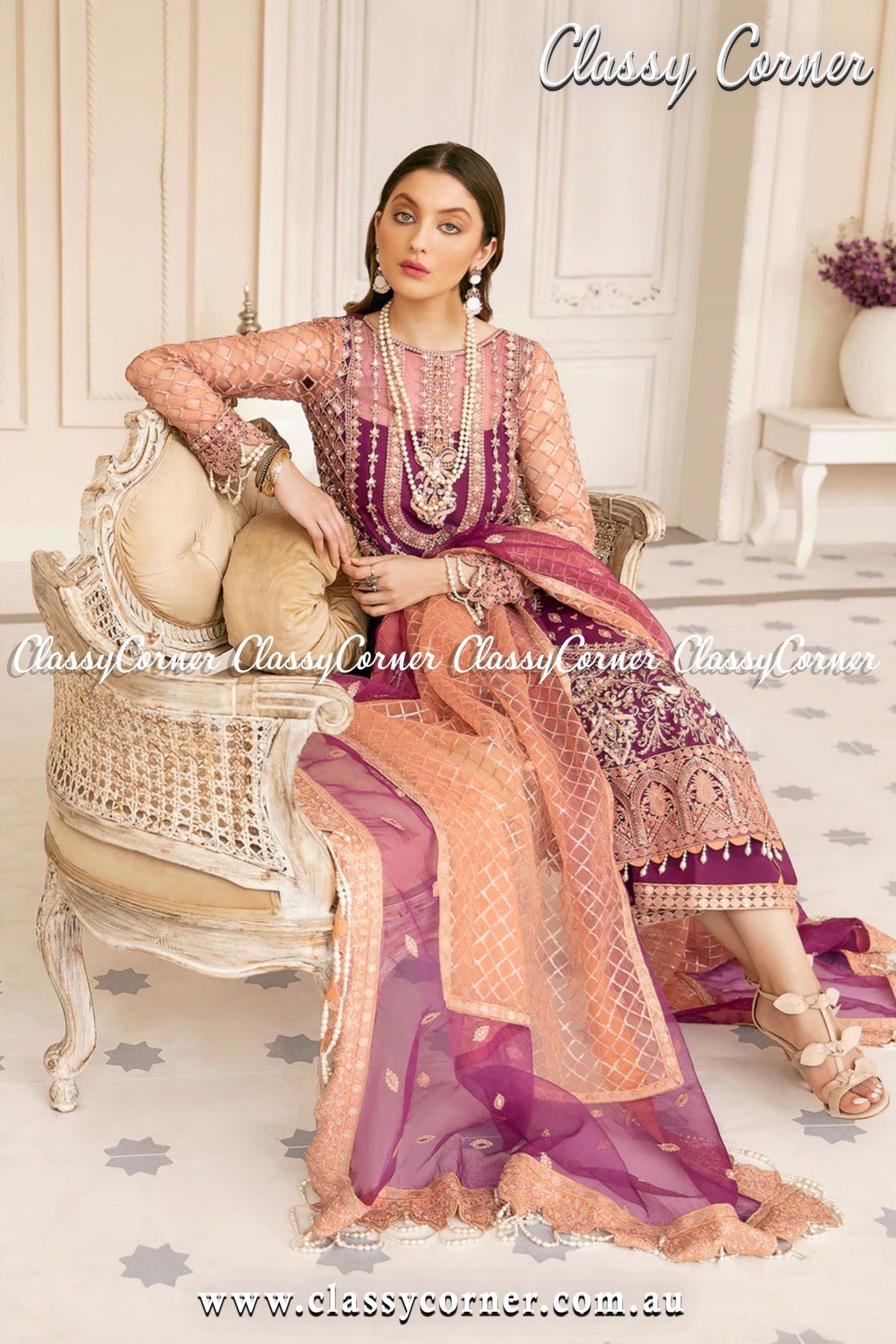 Orange Magenta Pakistani 3pc Suit - Classy Corner