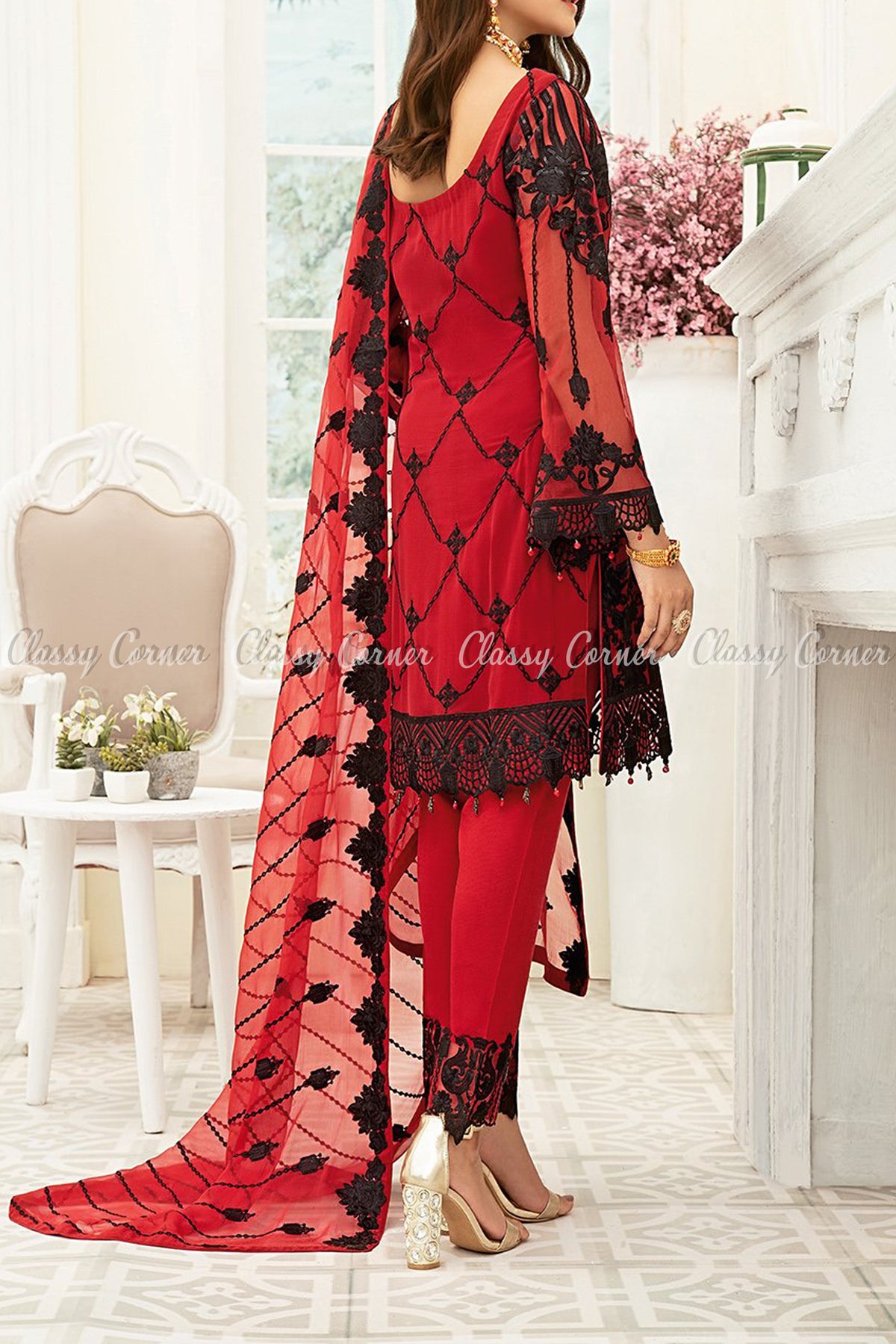 Ruby Red Black Chiffon Pakistani Formal Salwar Kameez - Classy Corner