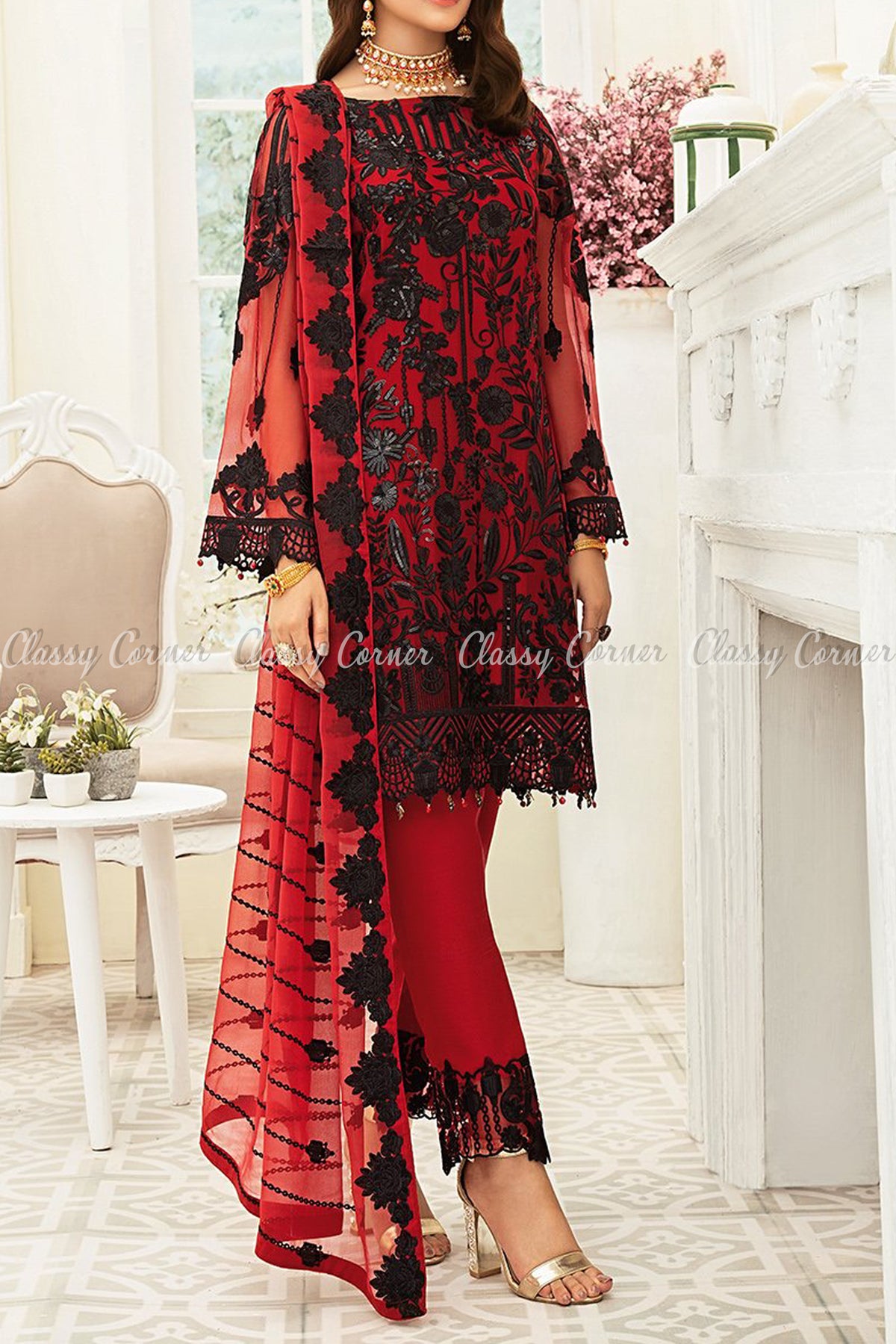 Ruby Red Black Chiffon Pakistani Formal Salwar Kameez - Classy Corner
