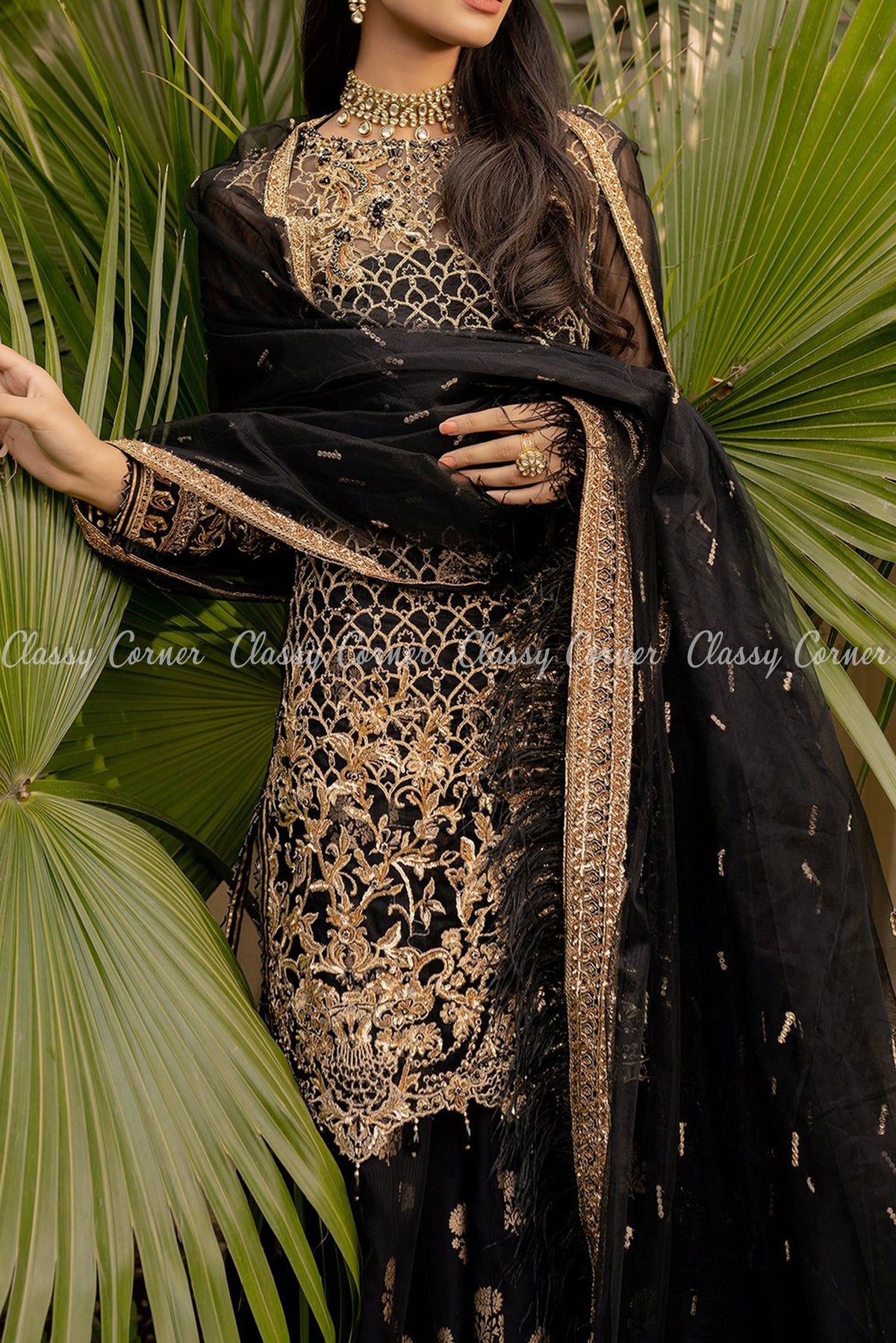 Elegant Floral Design Black and Gold Salwar Kameez - Classy Corner