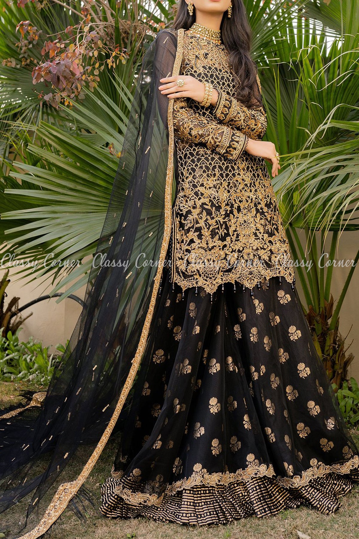 Elegant Floral Design Black and Gold Salwar Kameez - Classy Corner