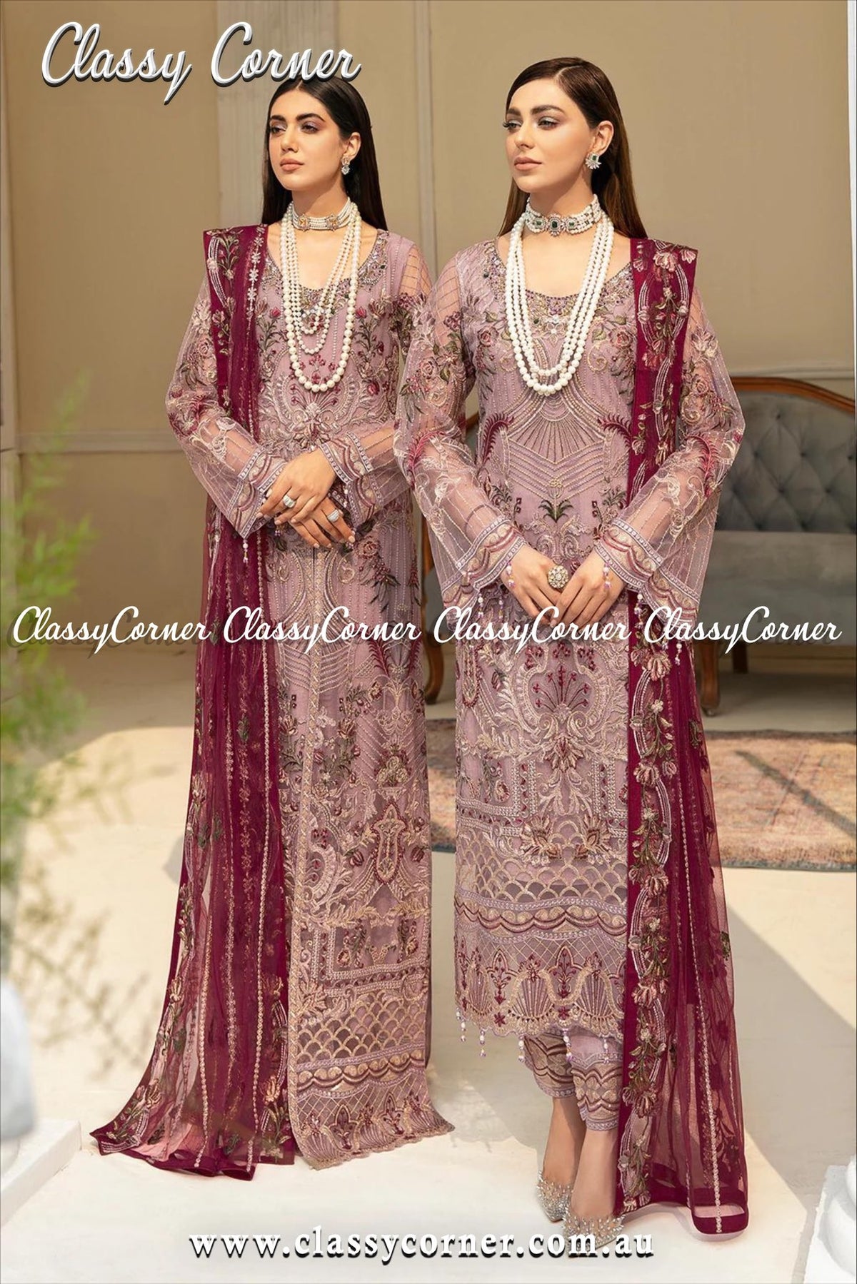 Mauve Maroon Net Pakistani Salwar Kameez - Classy Corner