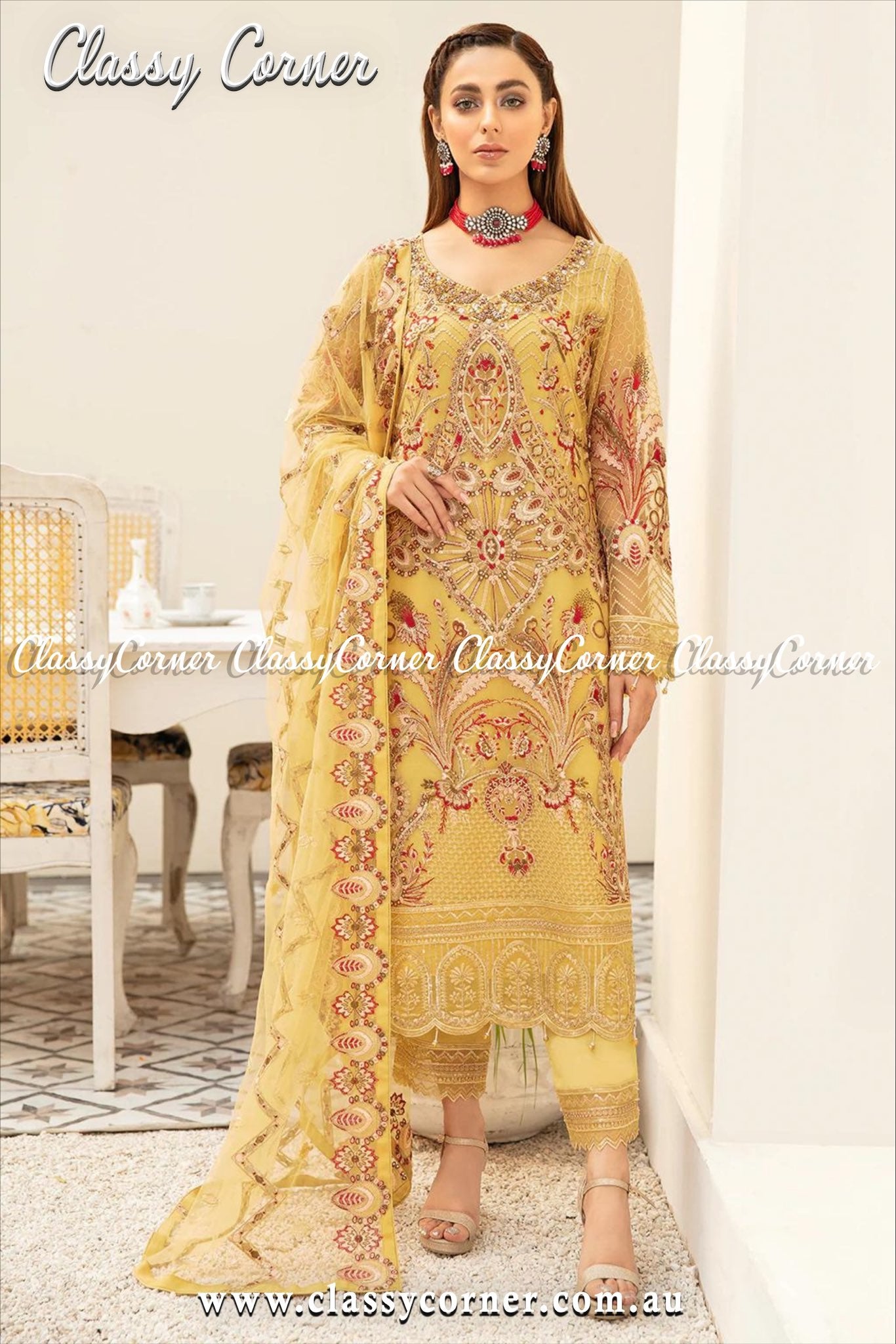 Butter Yellow Net Pakistani 3pc Suit - Classy Corner
