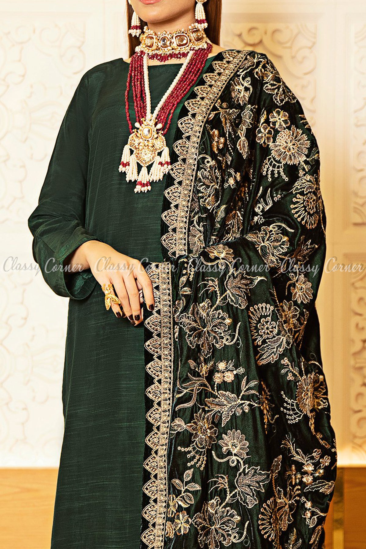 Pine Green Velvet Shawl Pakistani Formal Salwar Kameez - Classy Corner