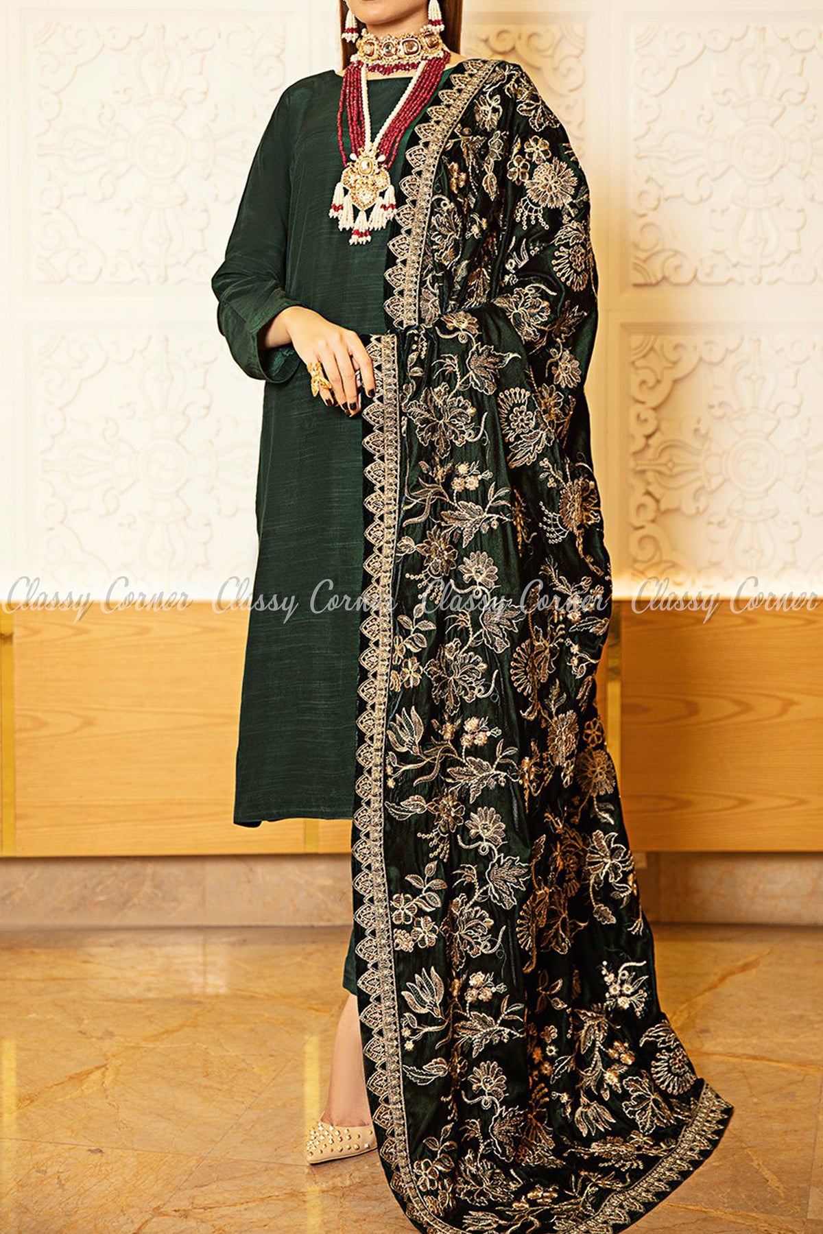 Pine Green Velvet Shawl Pakistani Formal Salwar Kameez - Classy Corner