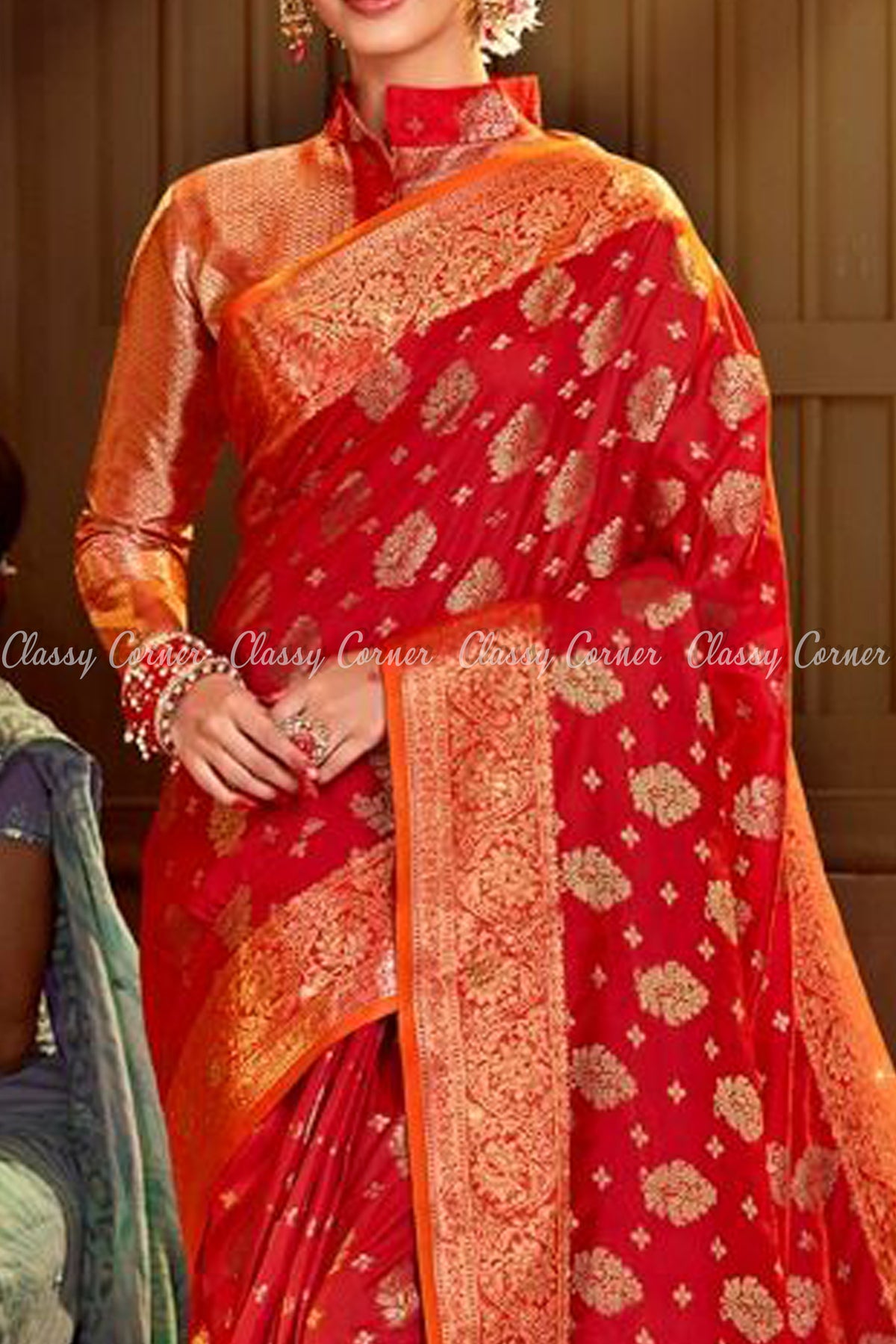 Vivid Red Silk Banarasi Saree with Orange Border - Classy Corner