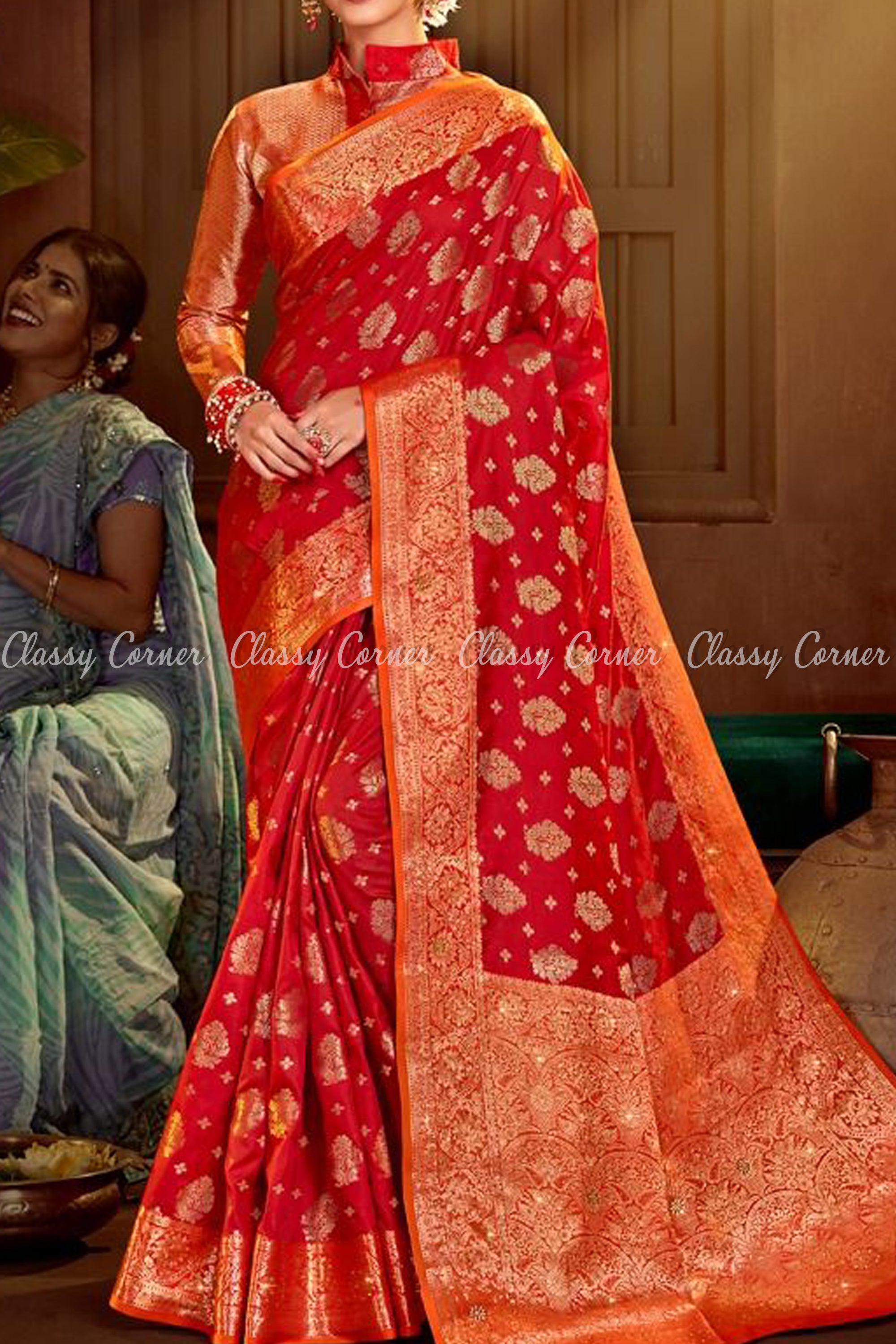 Vivid Red Silk Banarasi Saree with Orange Border - Classy Corner