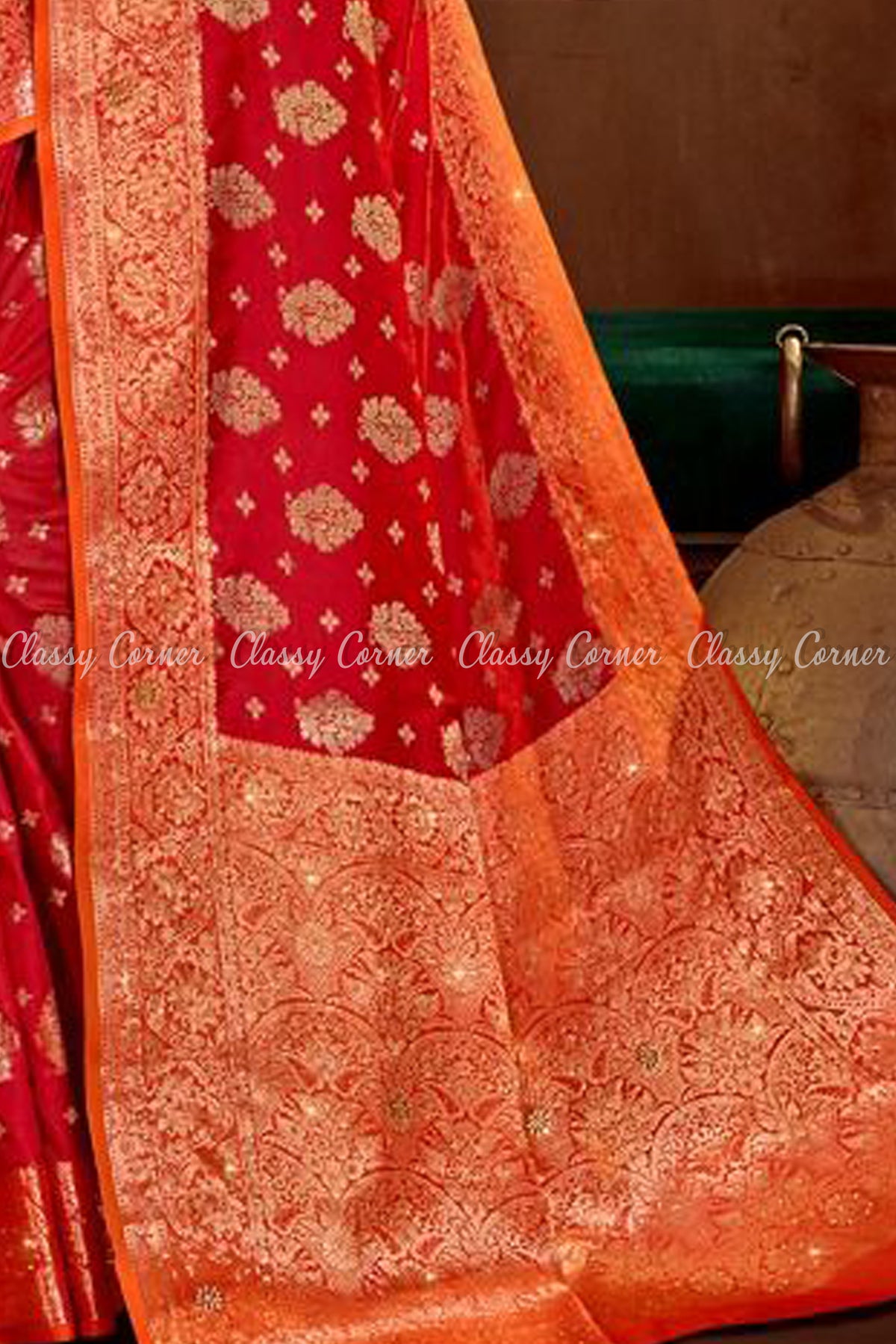 Vivid Red Silk Banarasi Saree with Orange Border - Classy Corner