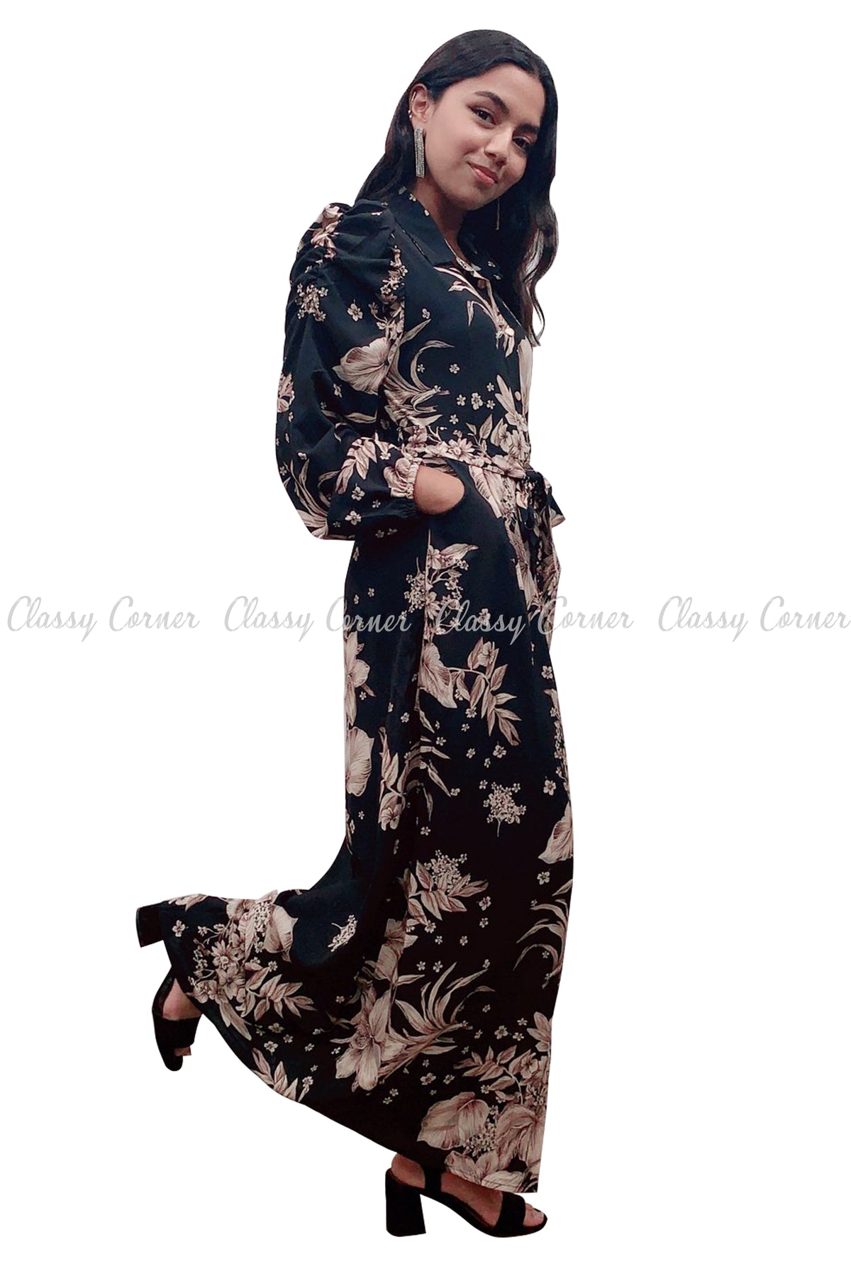 Floral Print Neutral Colour and Black Modest Long Dress - Classy Corner