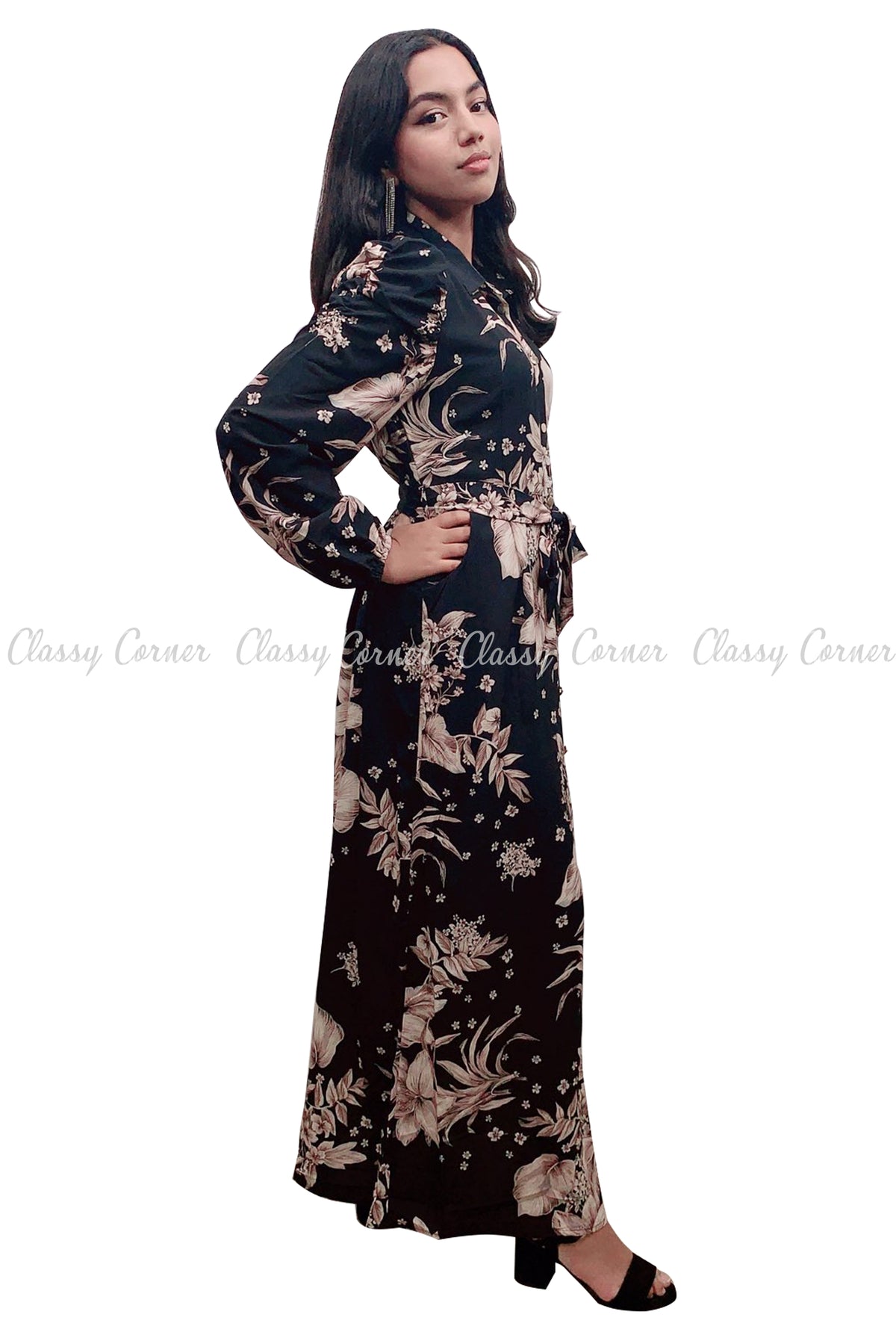 Floral Print Neutral Colour and Black Modest Long Dress - Classy Corner