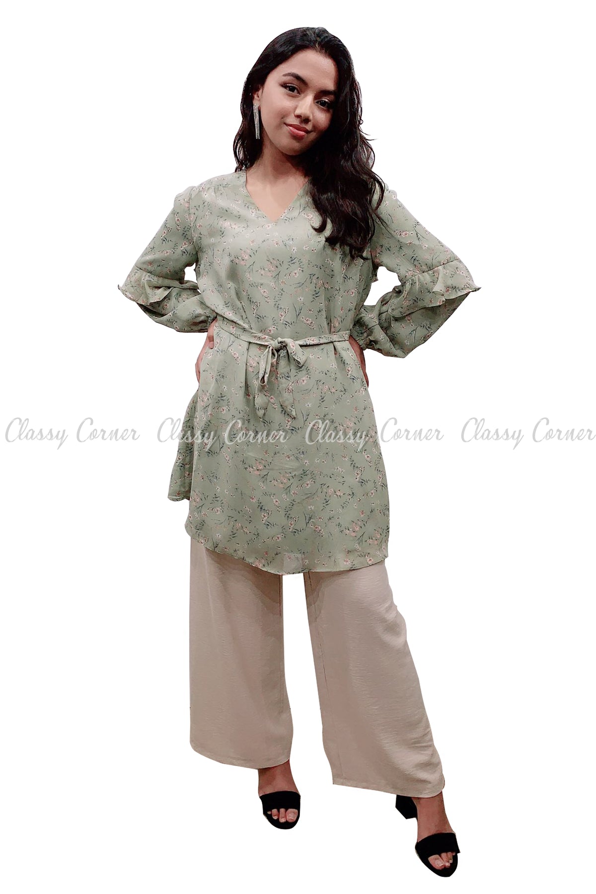 Floral Print Ruffle Sleeves Green Modest Tunic Dress - Classy Corner