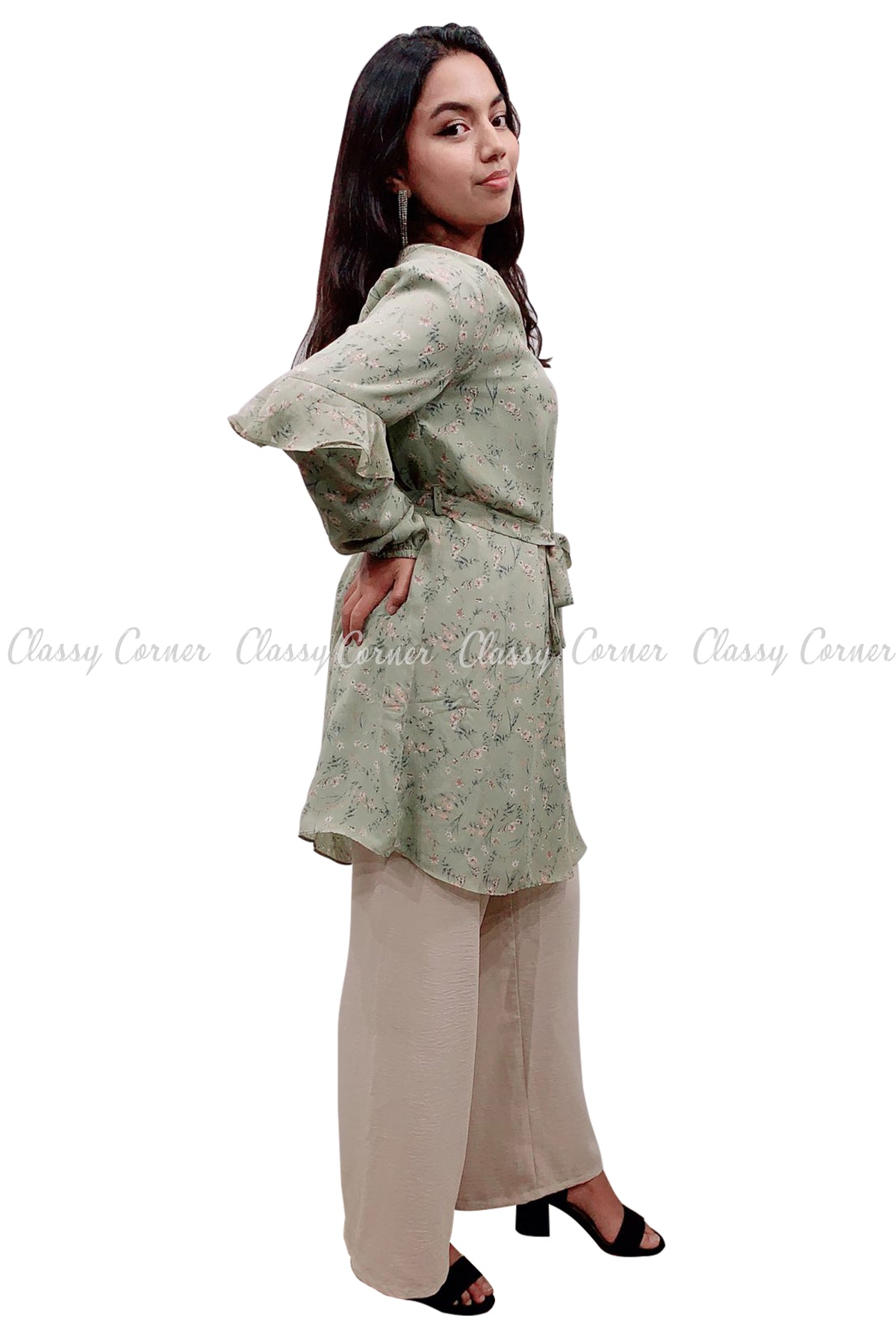 Floral Print Ruffle Sleeves Green Modest Tunic Dress - Classy Corner