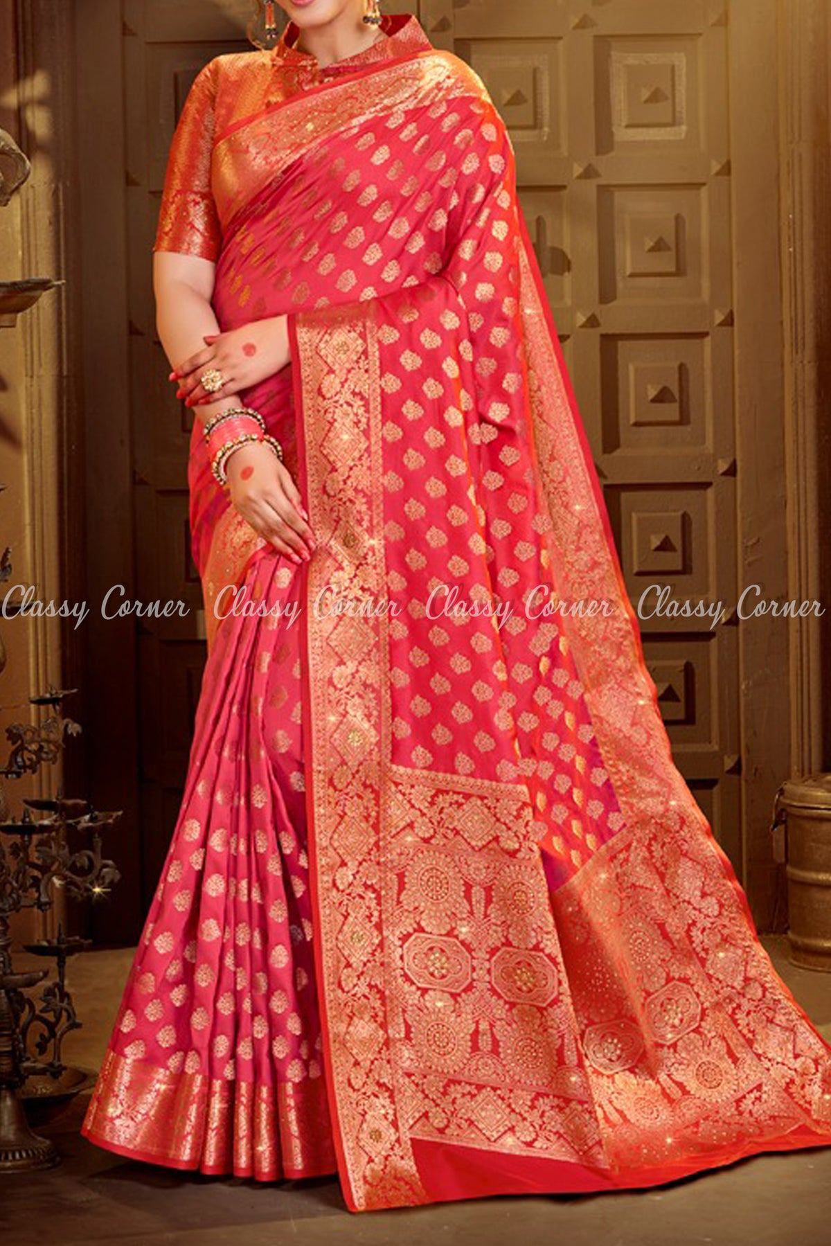 Fuchsia Red Silk Banarasi Saree with Golden Zari Work - Classy Corner