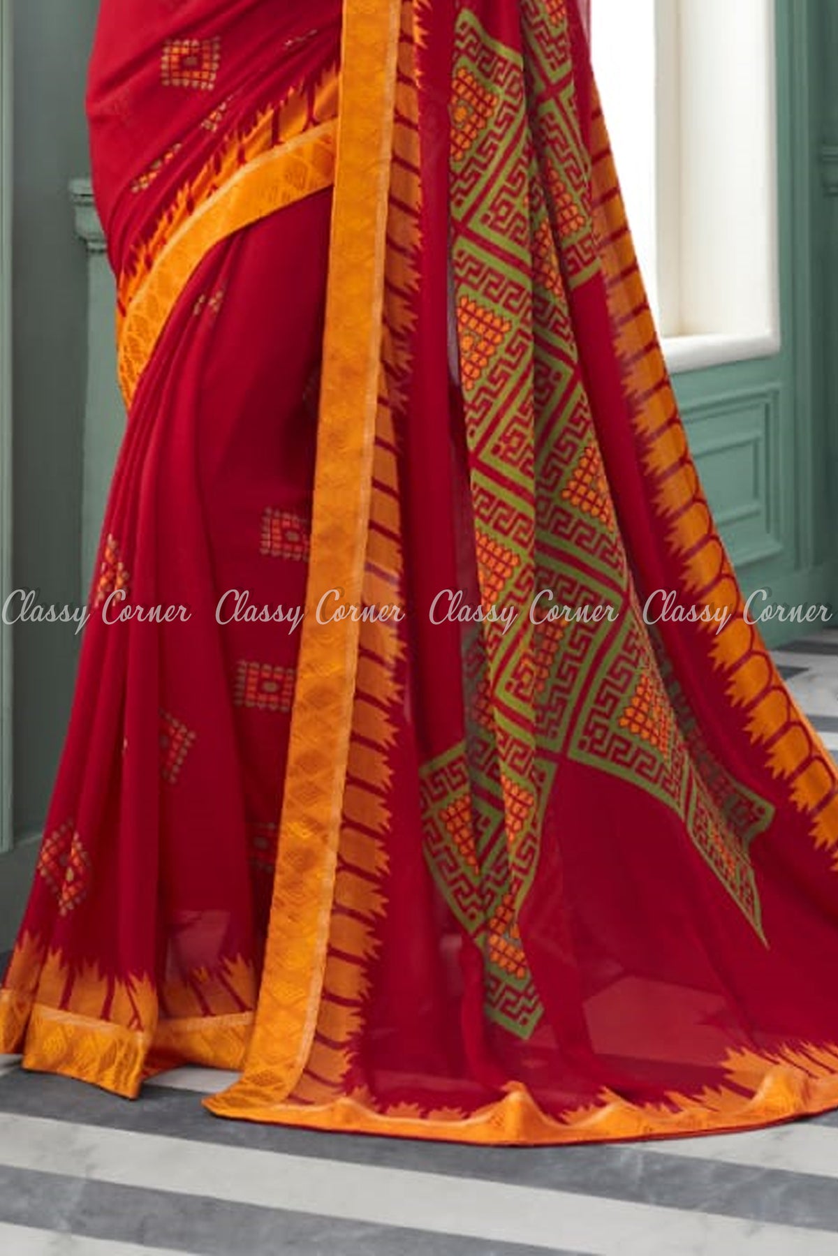 Geometric Square Design Chiffon Red and Yellow Saree - Classy Corner