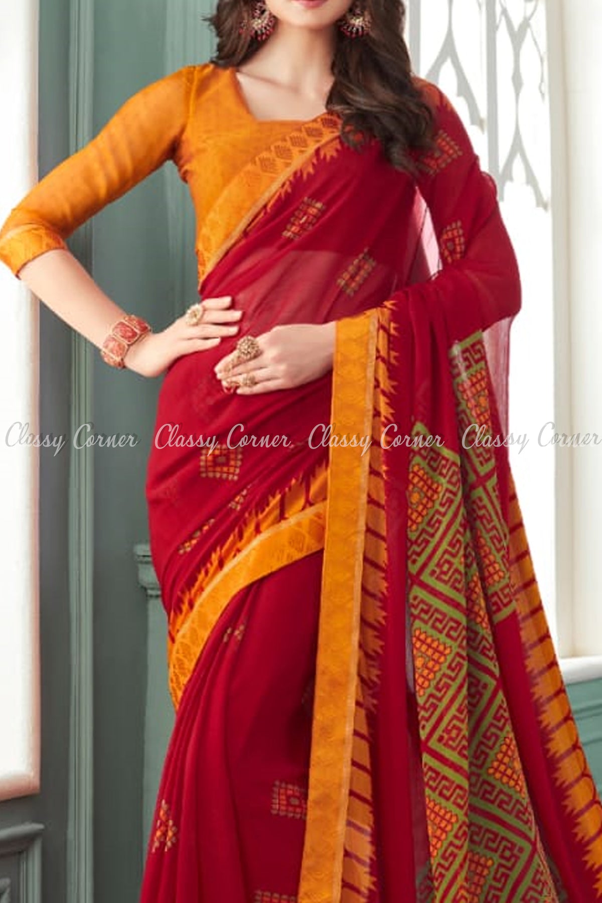 Geometric Square Design Chiffon Red and Yellow Saree - Classy Corner