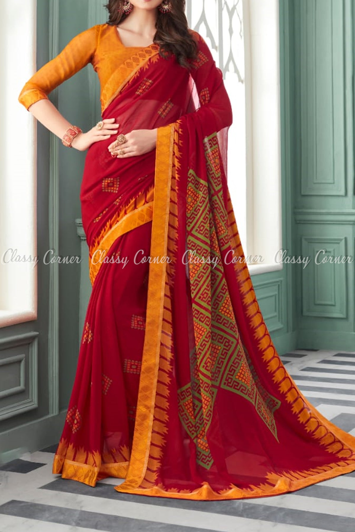 Geometric Square Design Chiffon Red and Yellow Saree - Classy Corner