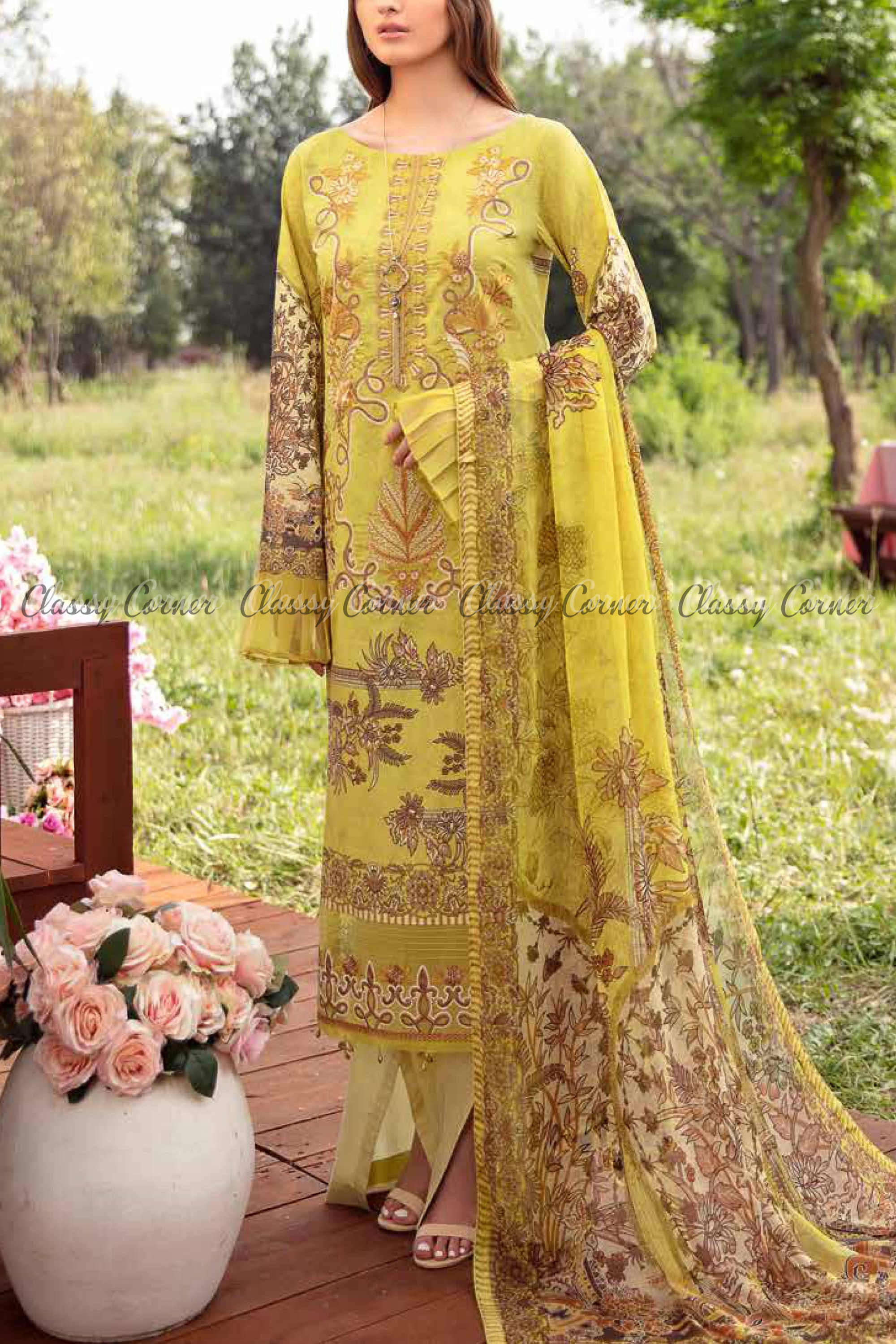 Yellow Lawn Pakistani Formal Salwar Kameez - Classy Corner