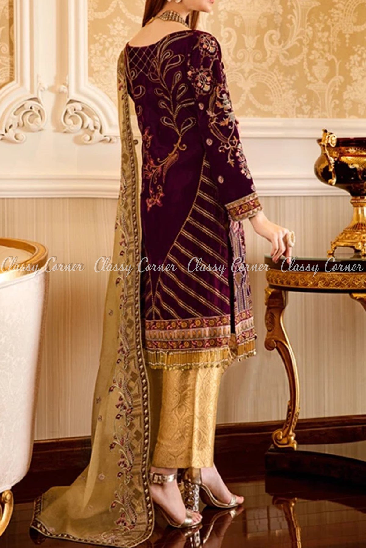 Gold and Maroon Velvet Pakistani Formal Salwar Kameez - Classy Corner