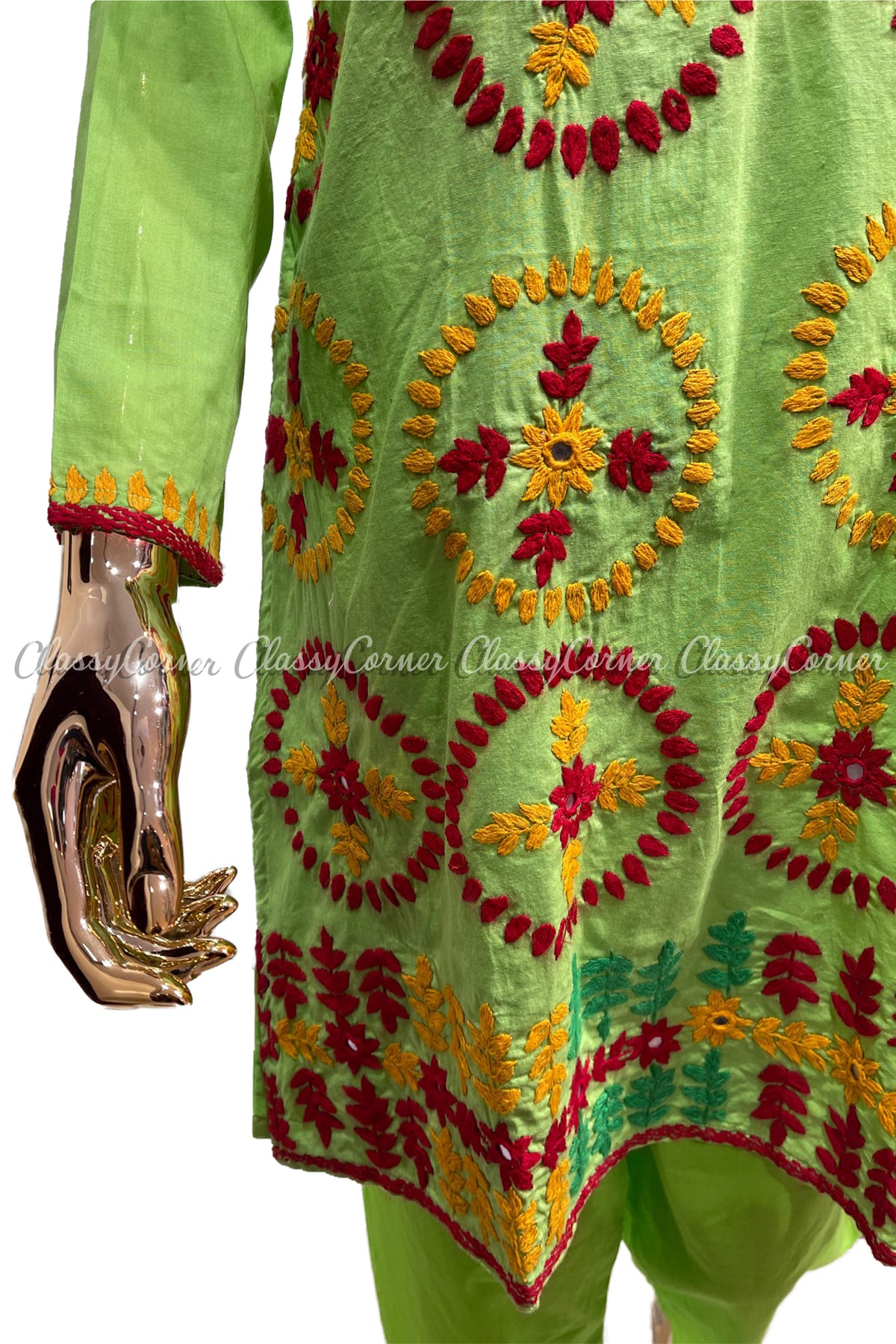 Green Orange Hand Embroidered Cotton Salwar Kameez Set - Classy Corner