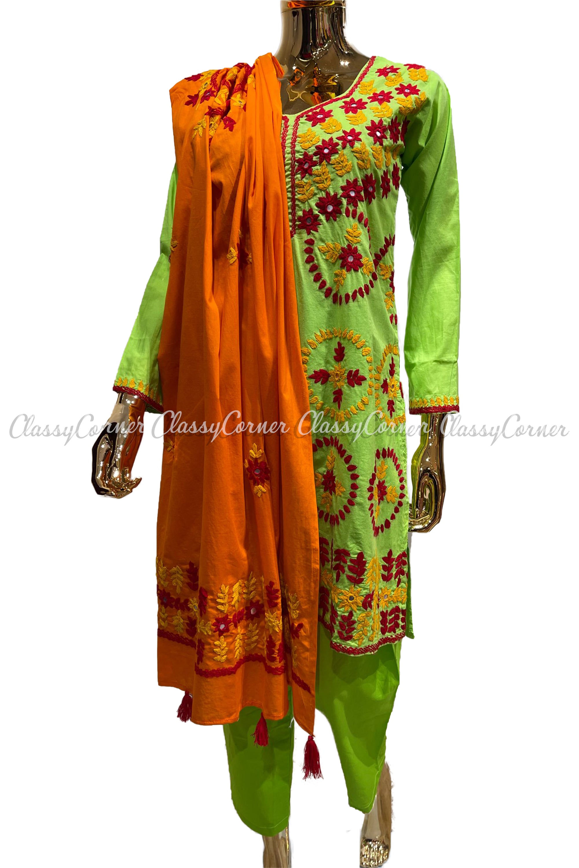 Green Orange Hand Embroidered Cotton Salwar Kameez Set - Classy Corner