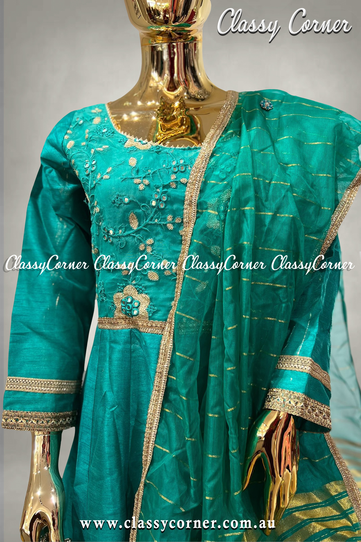 Teal Blue Gown with Dupatta - Classy Corner