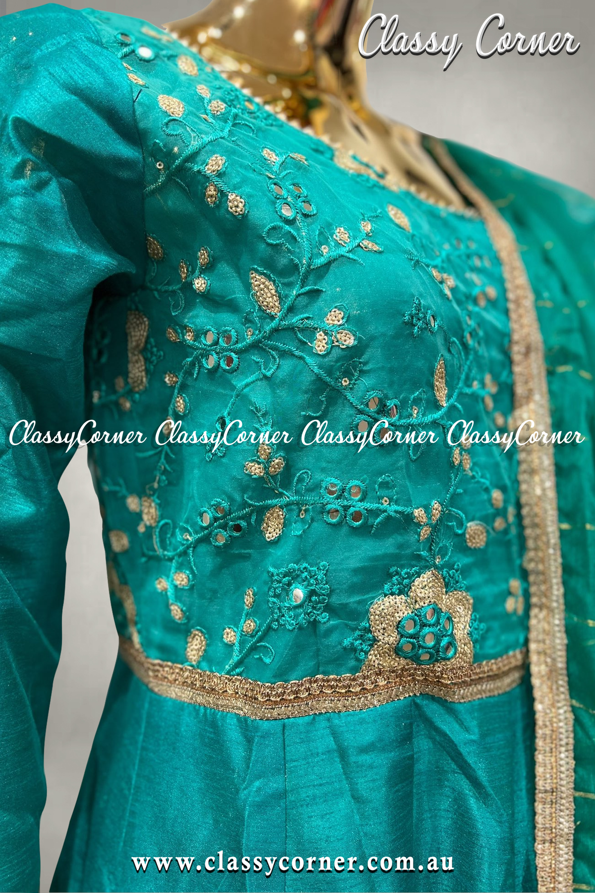 Teal Blue Gown with Dupatta - Classy Corner