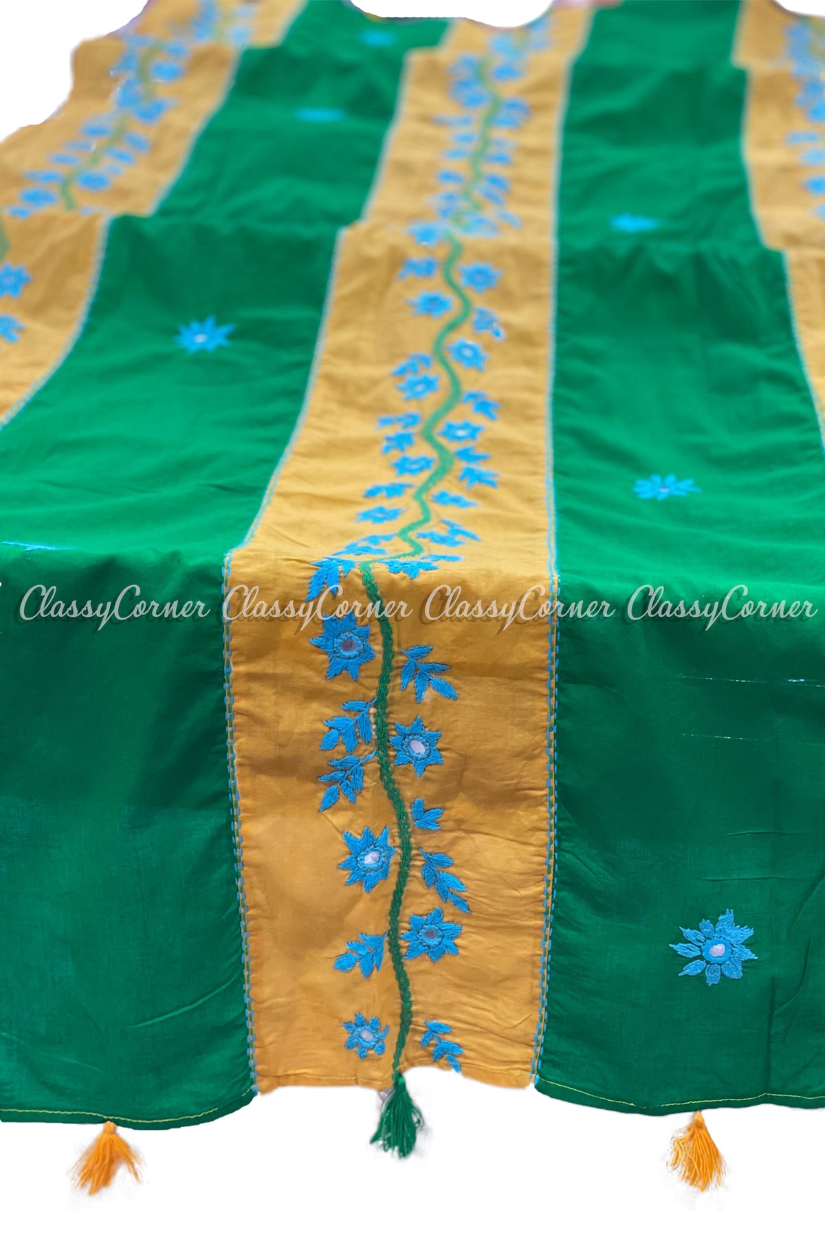 Green Yellow Hand Embroidered Cotton Salwar Kameez Suit - Classy Corner