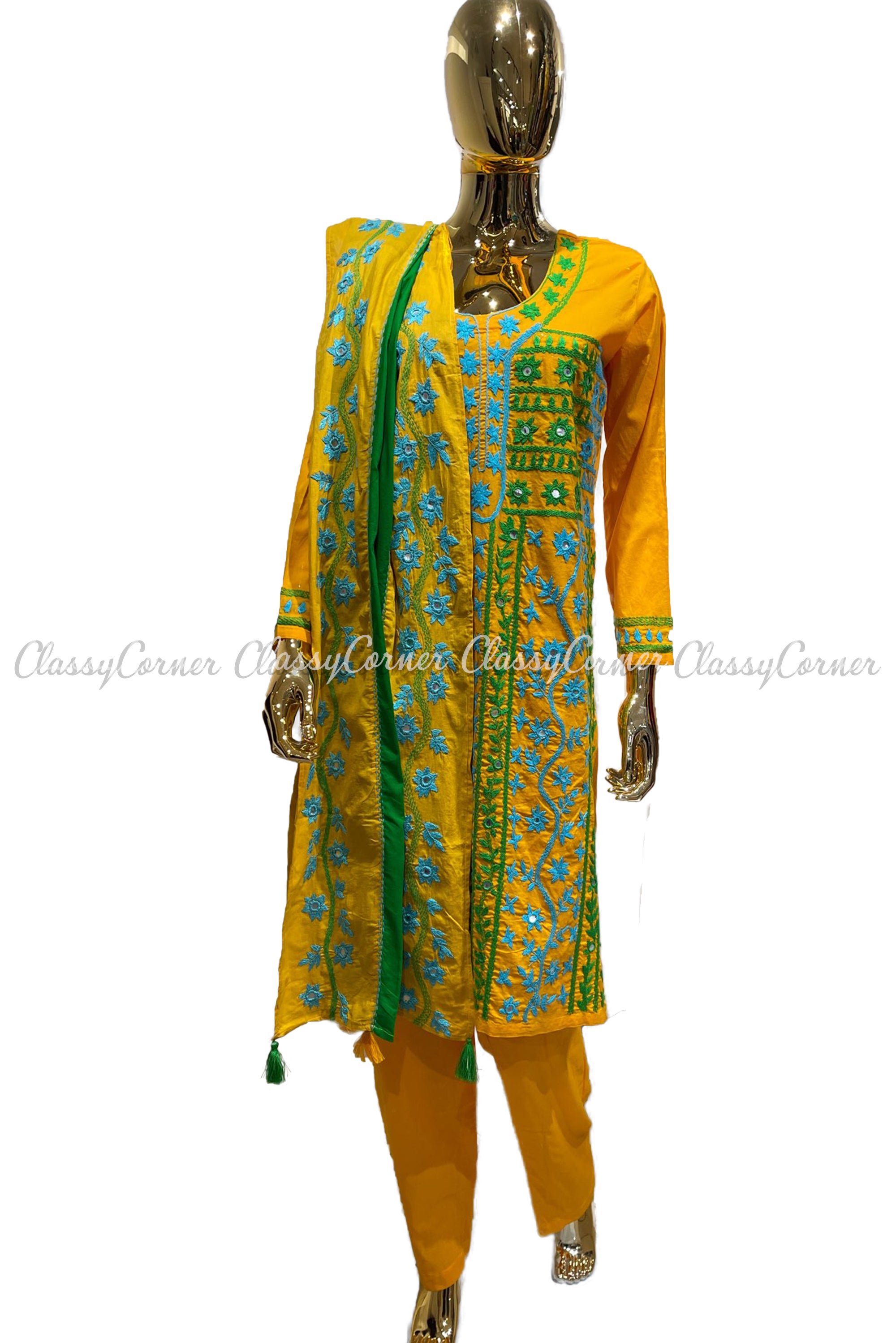 Green Yellow Hand Embroidered Cotton Salwar Kameez Suit - Classy Corner