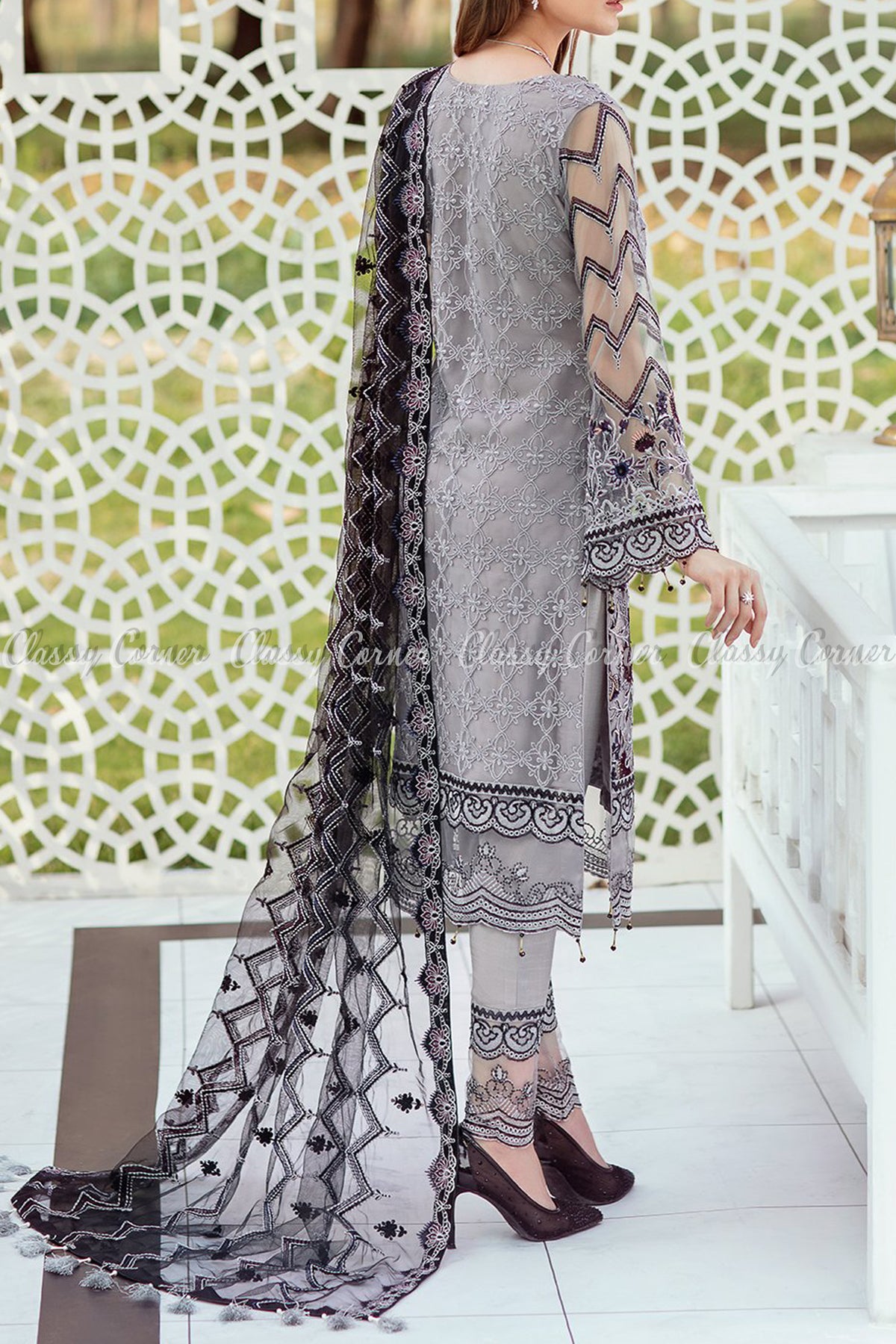 Grey Black Net Pakistani Formal Salwar Kameez - Classy Corner