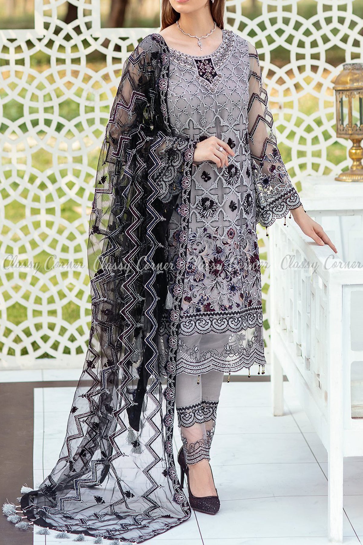 Grey Black Net Pakistani Formal Salwar Kameez - Classy Corner