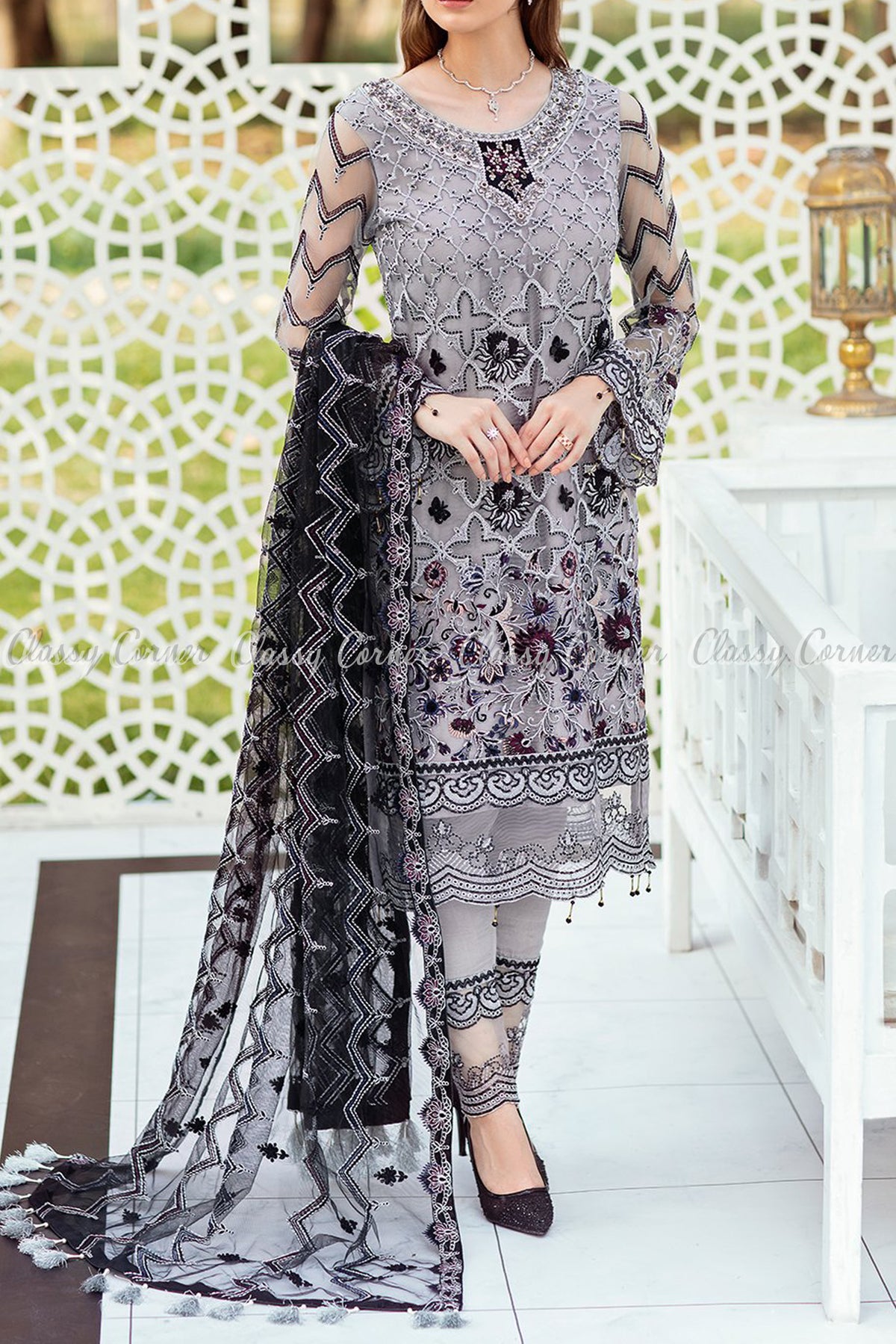 Grey Black Net Pakistani Formal Salwar Kameez - Classy Corner