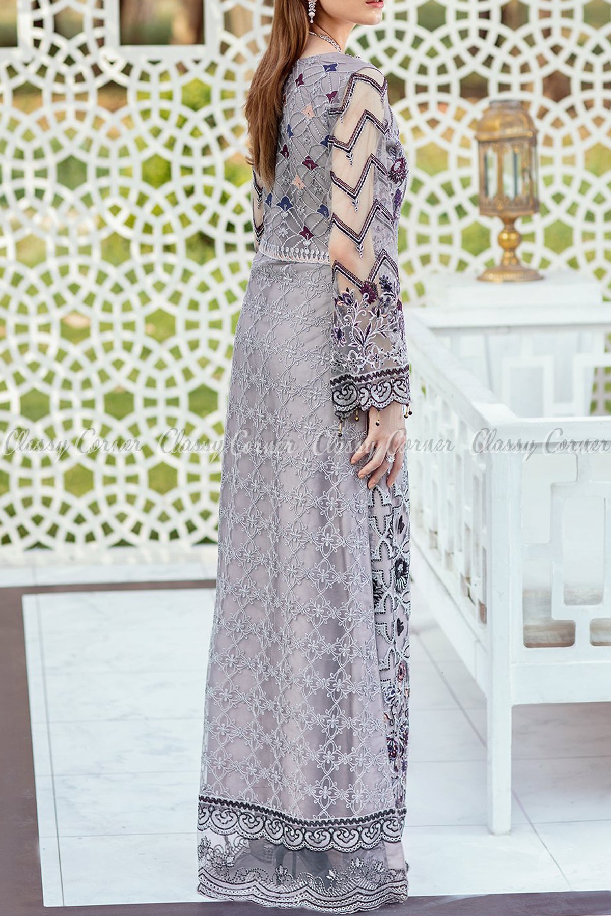 Grey Black Net Pakistani Formal Salwar Kameez - Classy Corner