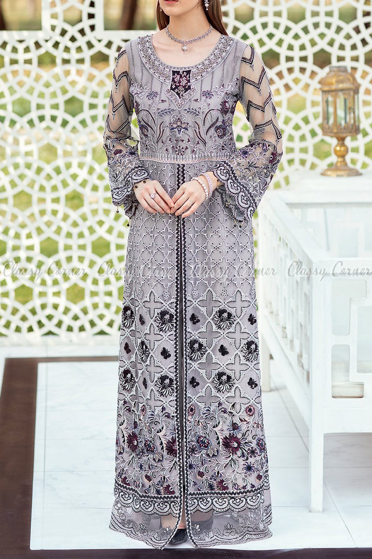 Grey Black Net Pakistani Formal Salwar Kameez - Classy Corner