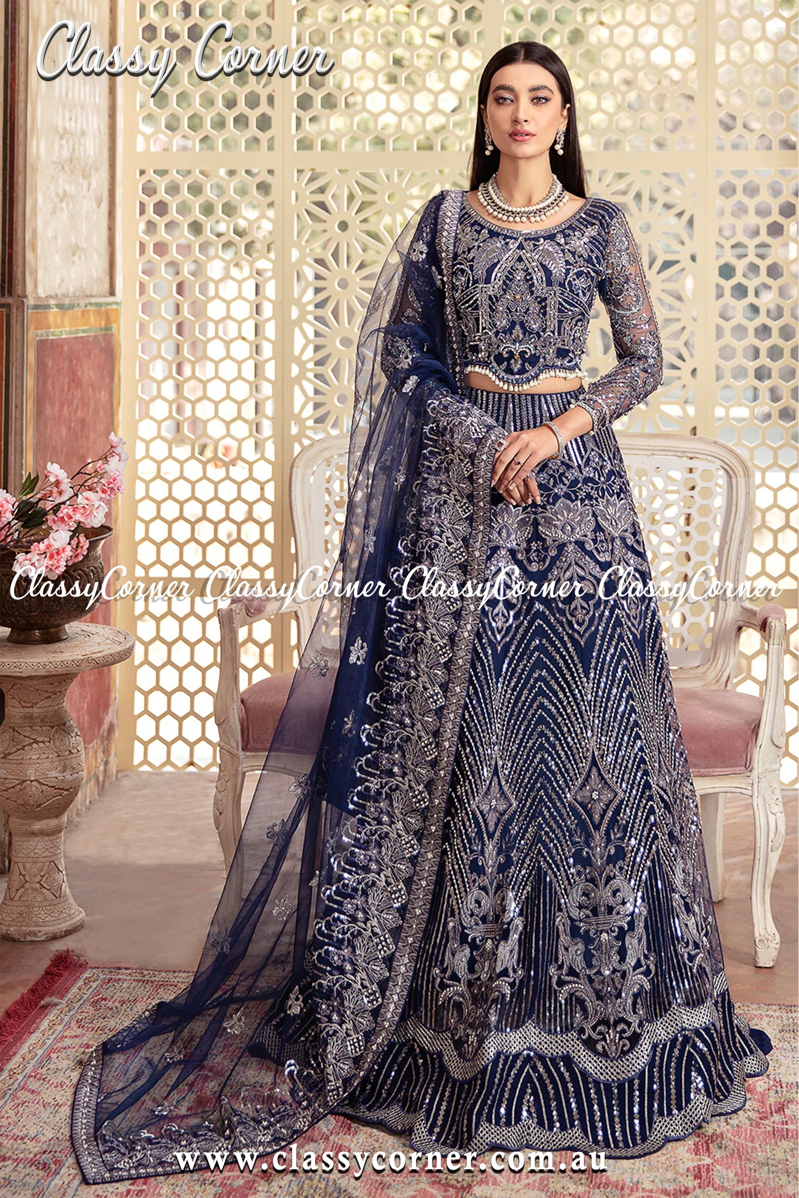 Navy Blue Embroidered Lehenga Set Design by Seema Gujral at Pernia's Pop Up  Shop 2024