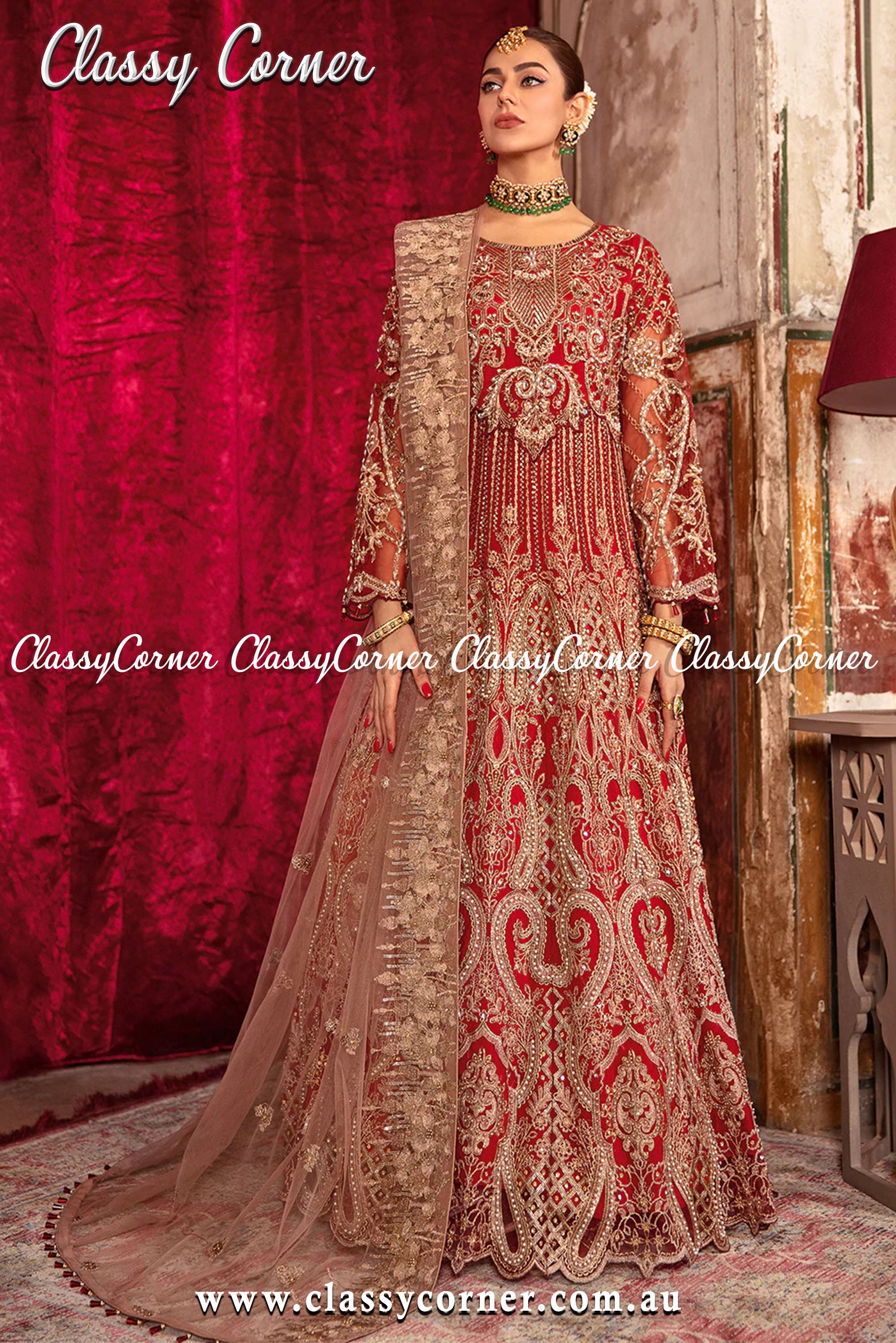 Red Brown Pakistani Gown Lehenga Outfit